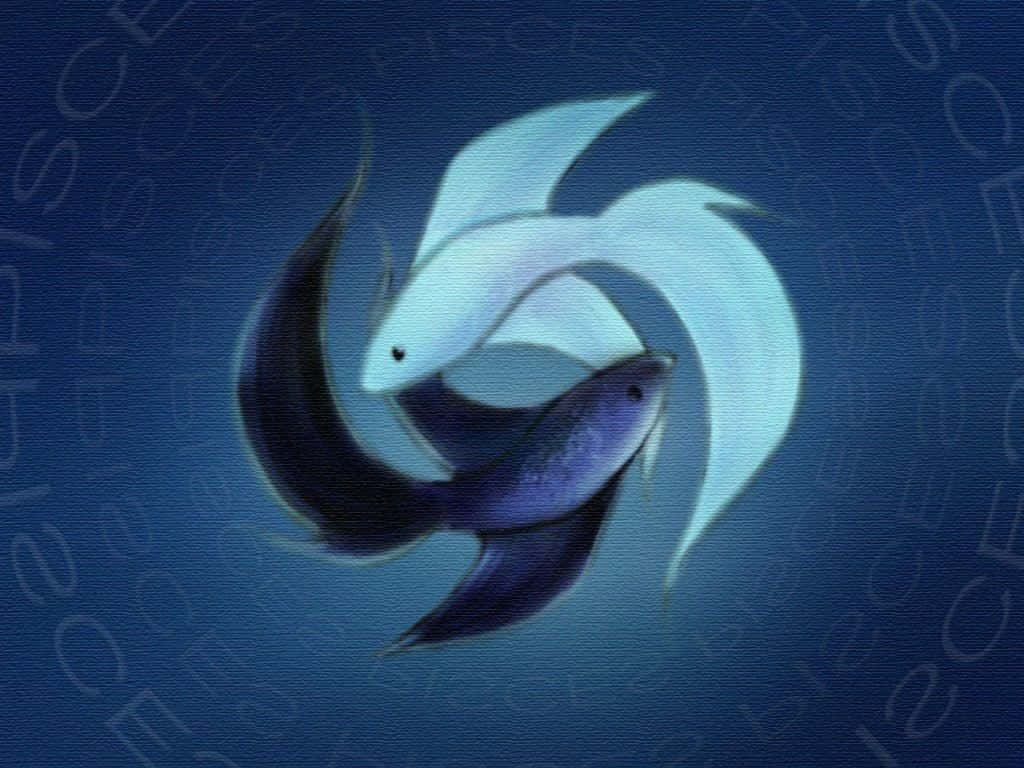 雙魚座在無垠深海中悠遊 壁紙 — 兩條風格化的魚在紋理深藍色背景上優雅地以圓形擁抱游動。