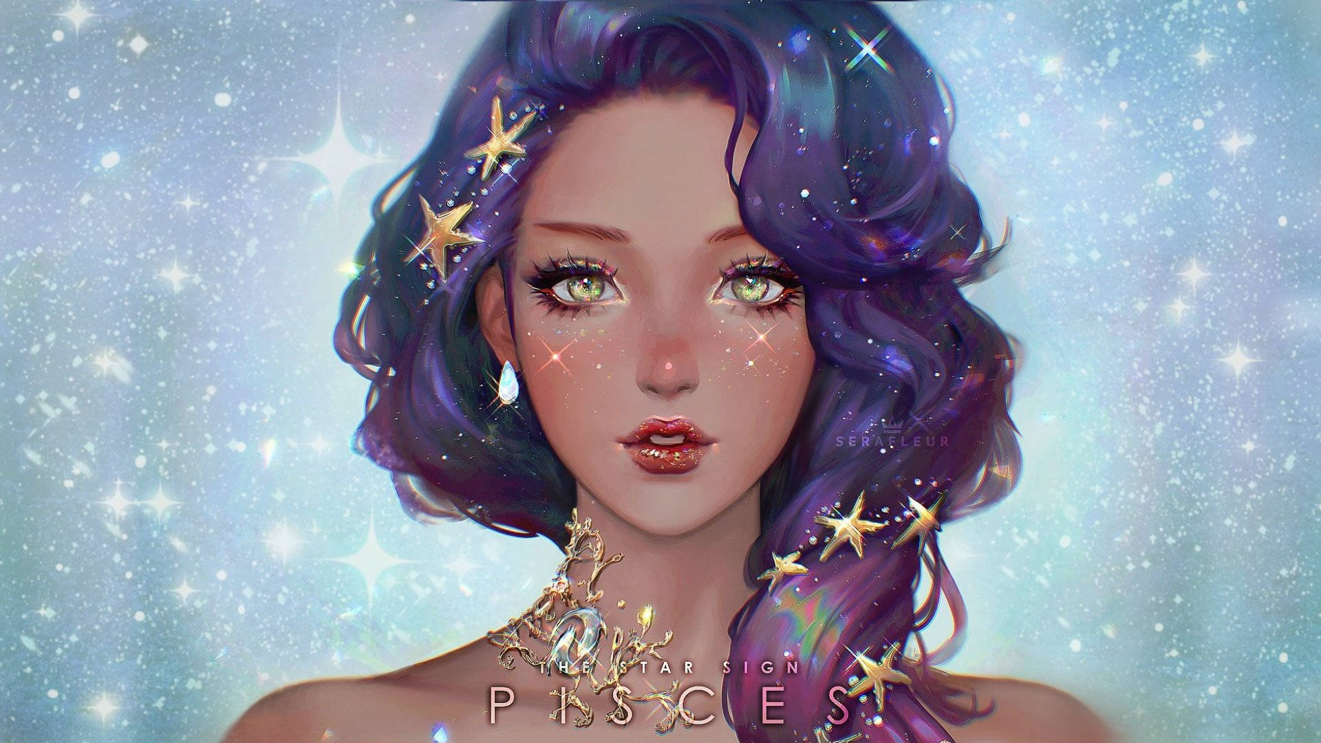 雙魚座女性數位藝術 壁紙 — 一位擁有紫色頭髮和星星圖案的天界動漫女孩，在閃爍的星空背景下溫柔地凝視。