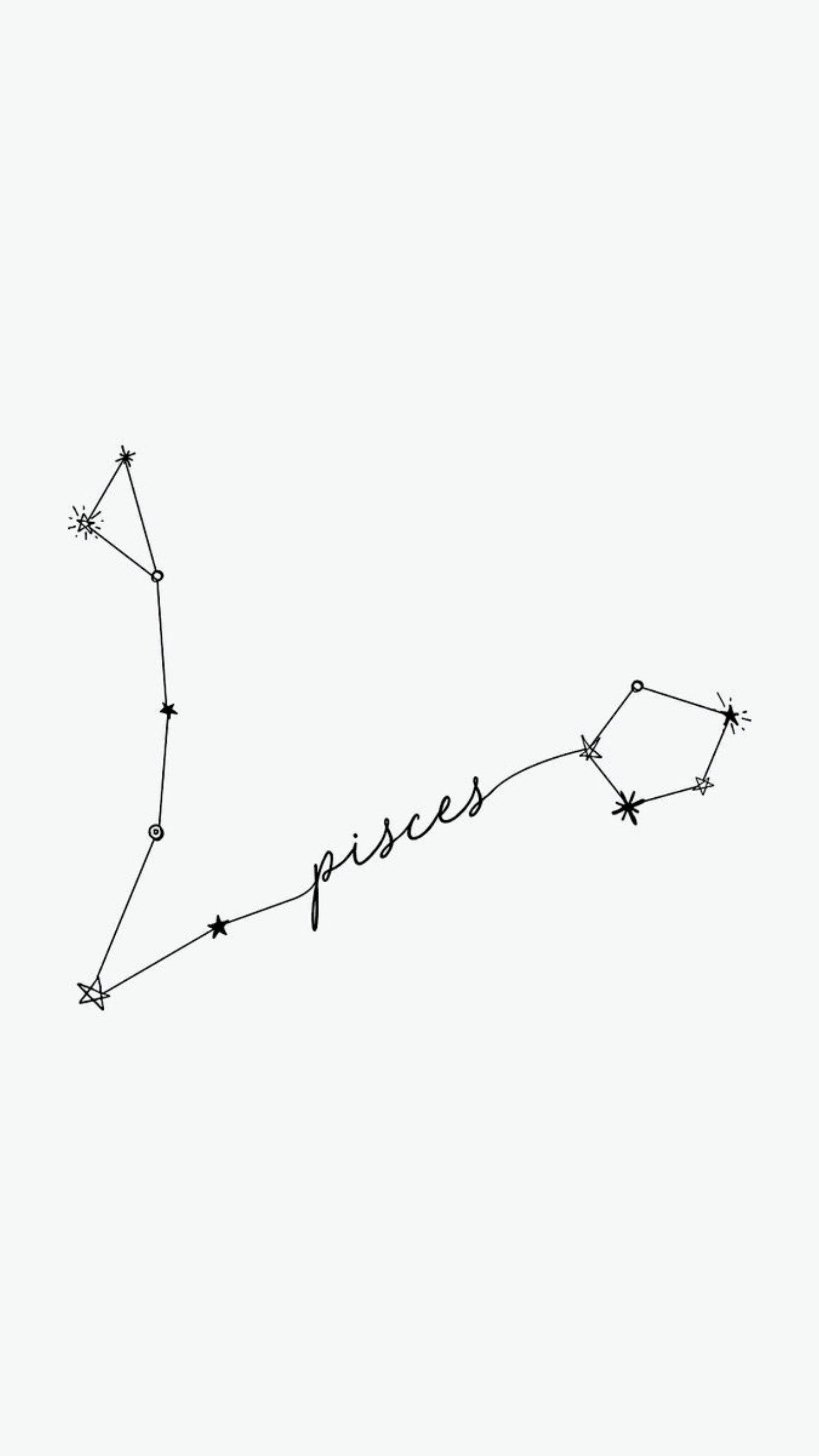 雙魚座星圖文字 壁紙 — 淺灰色背景上帶有星星和草書標籤的雙魚座星座極簡線條畫。