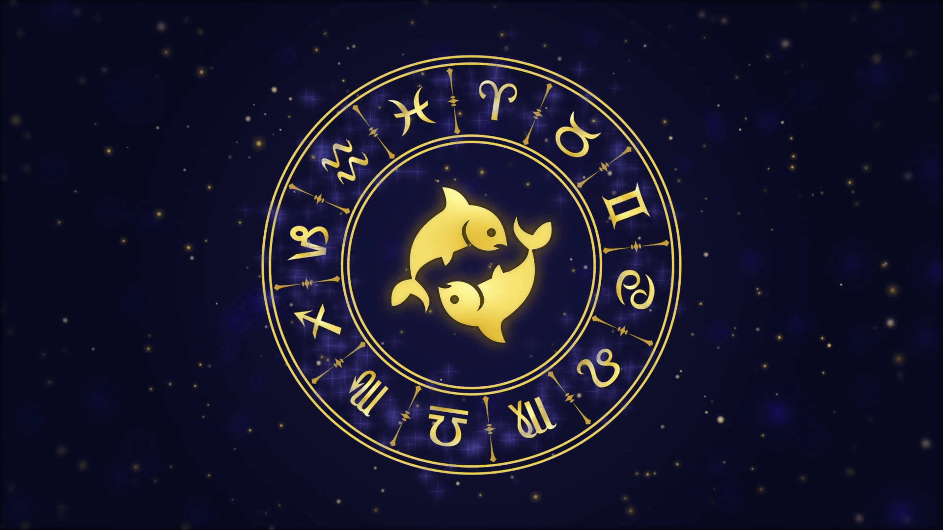 雙魚座星座輪盤 壁紙 — 金色黃道輪盤，雙魚座符號居中，背景為繁星點點的深藍宇宙。
