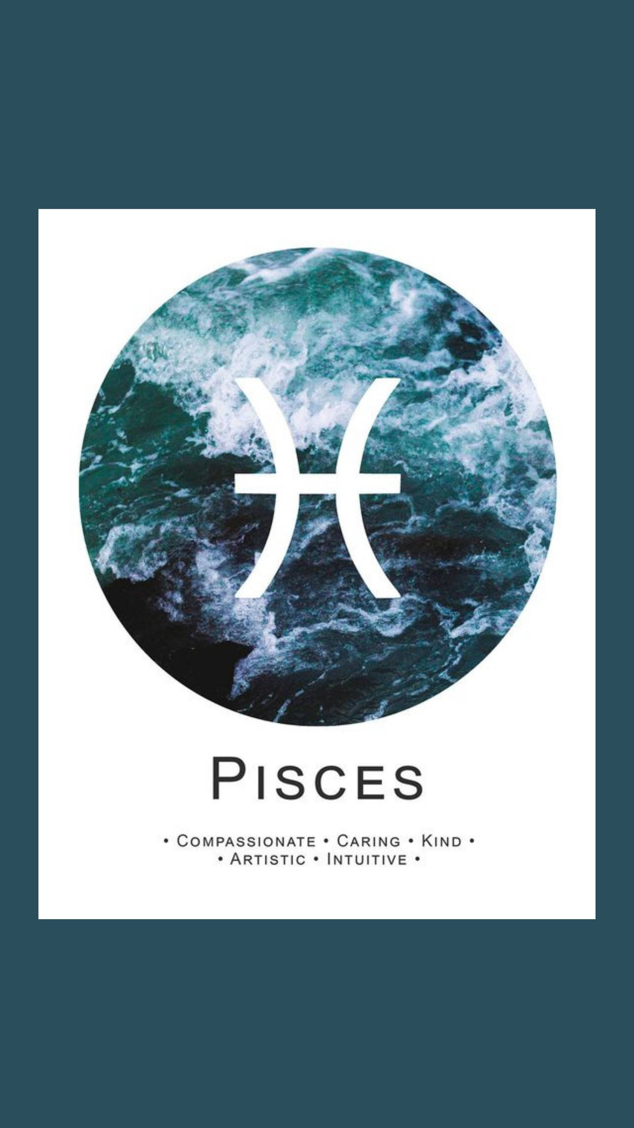 雙魚座海洋符號與文字 壁紙 — 圓形設計在洶湧的海浪背景上展示雙魚座星座符號，下方有文字。
