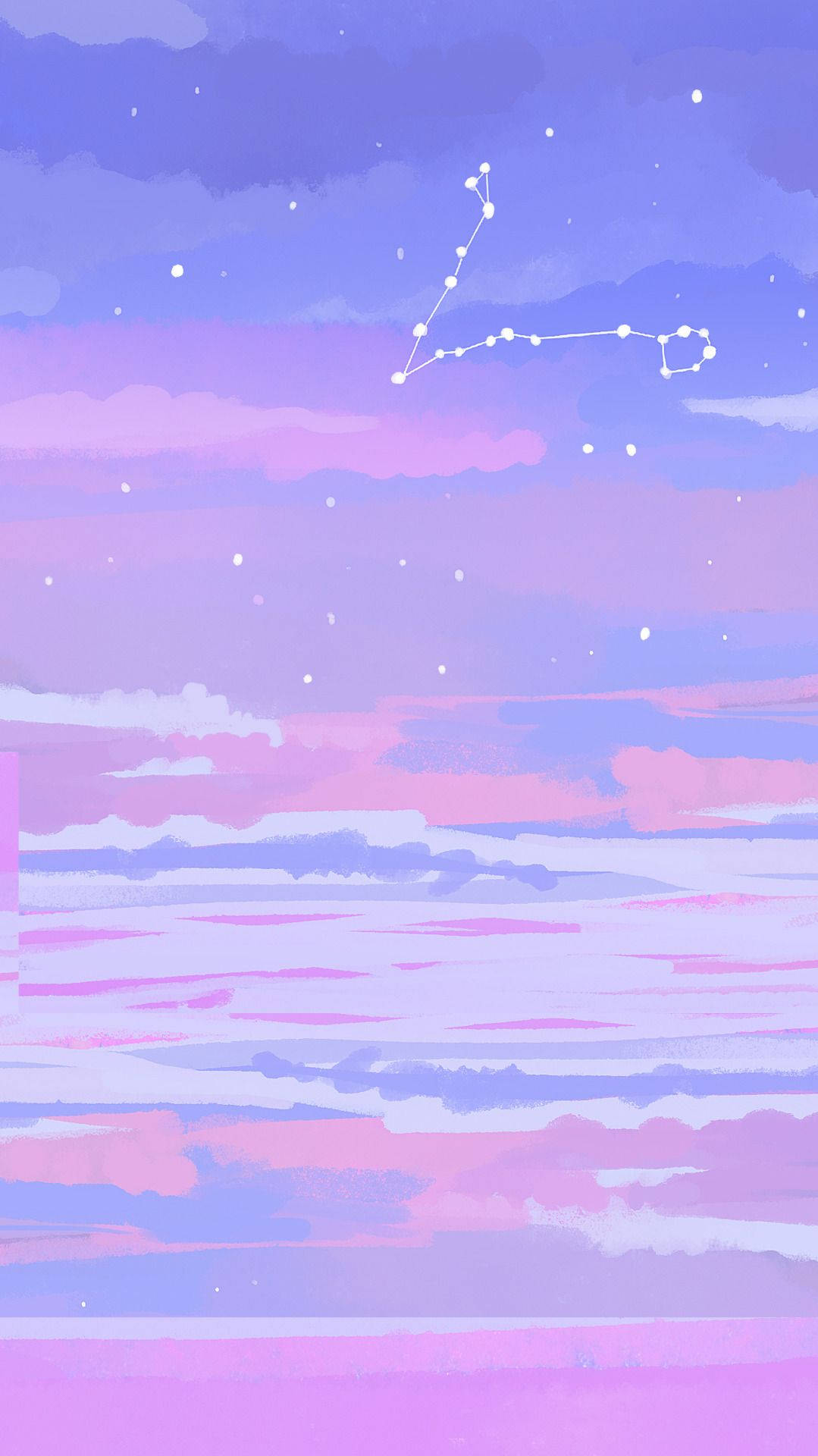 雙魚座粉紫雲朵風格 壁紙 — 夢幻嘅粉彩天空，有柔和嘅雲同發光嘅星座喺平靜嘅地平線之上。