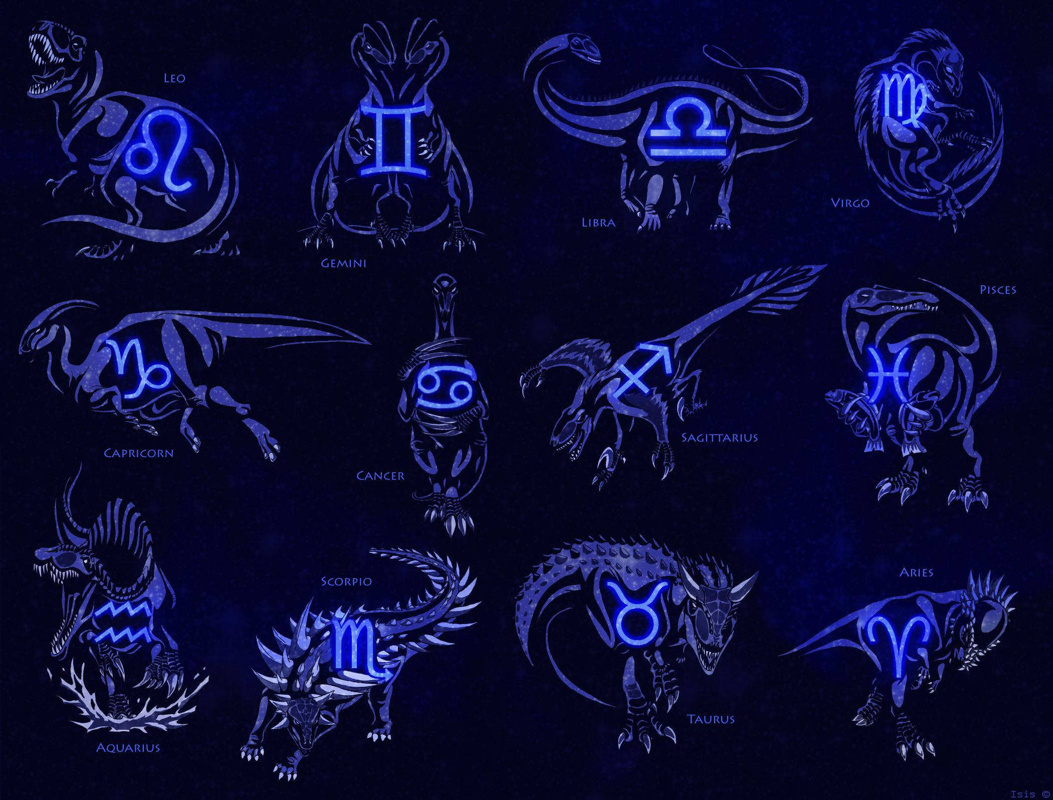 雙魚座與其他星座符號 壁紙 — 十二星座被創意地重新想像為在黑暗宇宙背景下發光的藍色恐龍。