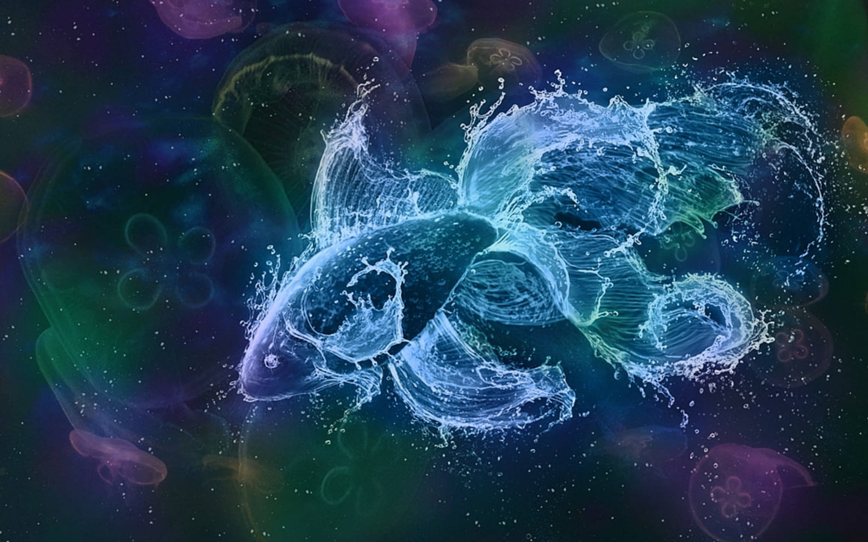 雙魚座魚形數位藝術 壁紙 — 一條由水花組成的發光藍色魚在充滿半透明水母的宇宙海中游動。
