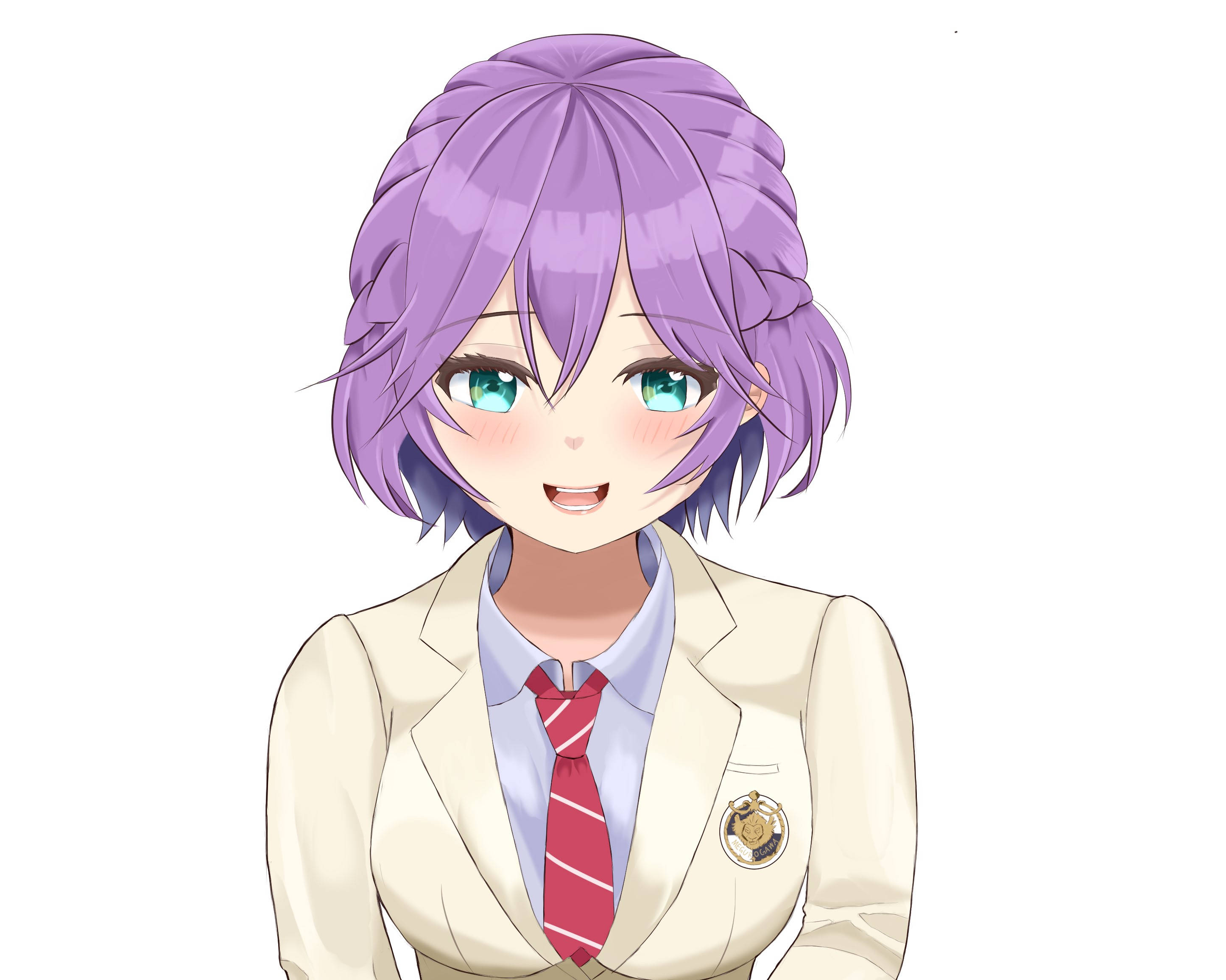 動漫女孩紫色頭髮和藍綠色眼睛穿著校服微笑