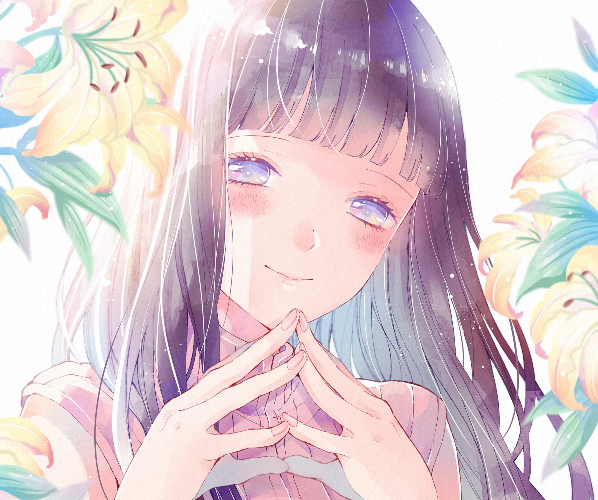 紫色頭髮的動漫女孩在柔和的黃色百合花中微笑。