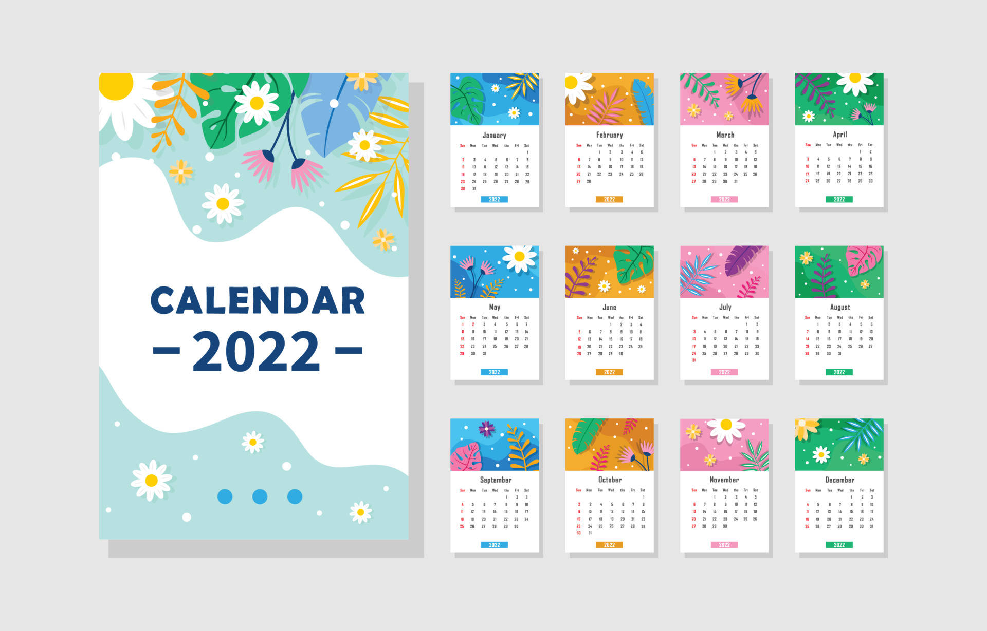 雛菊2022年曆 壁紙 — 充滿活力的2022年月曆，每個月份頁面都有花卉插圖，裝飾封面以雛菊和葉子為特色。