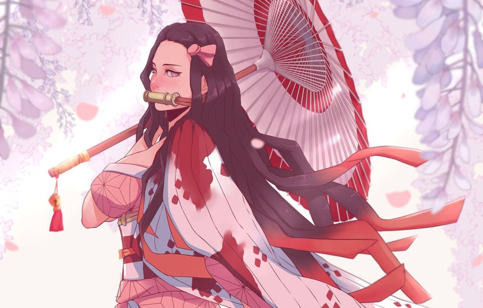 穿著傳統服飾的動漫女孩，在櫻花下拿著一把紅白相間的傘。