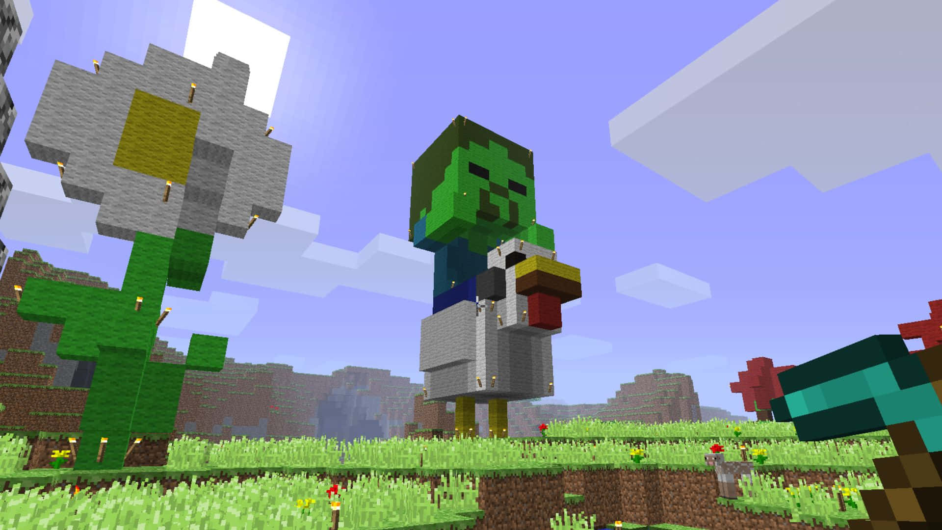 雞騎士Minecraft怪物 壁紙 — 一個像素化的喪屍站在長滿草的Minecraft田野上，旁邊有一朵巨大的雛菊，天空清澈湛藍。