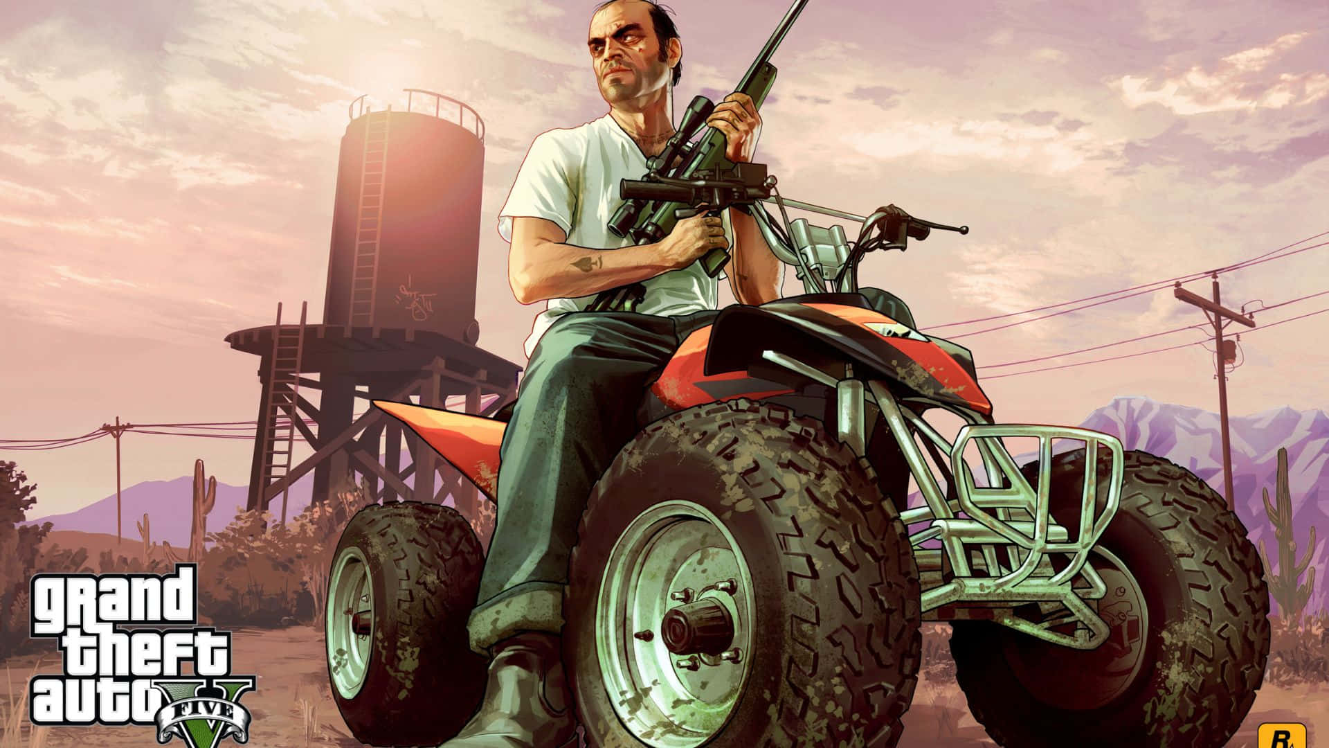 難忘的Grand Theft Auto V遊戲場景 壁紙 — 一個粗獷的電子遊戲角色在日落時分騎著紅色ATV穿越沙漠景觀，手持步槍。