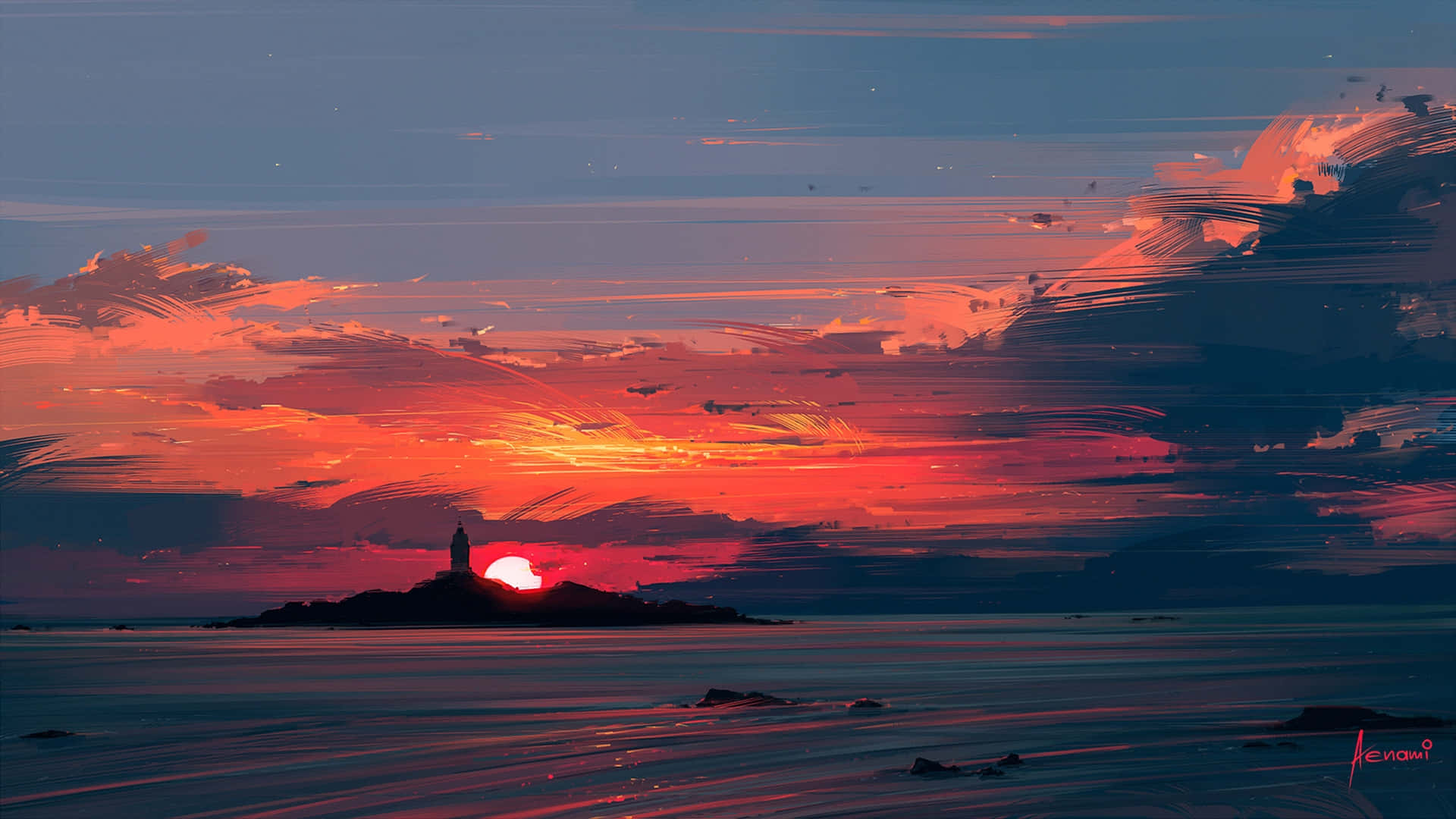 夕陽下的燈塔剪影，熾熱的橙色和紅色天空倒映在平靜的水面上。