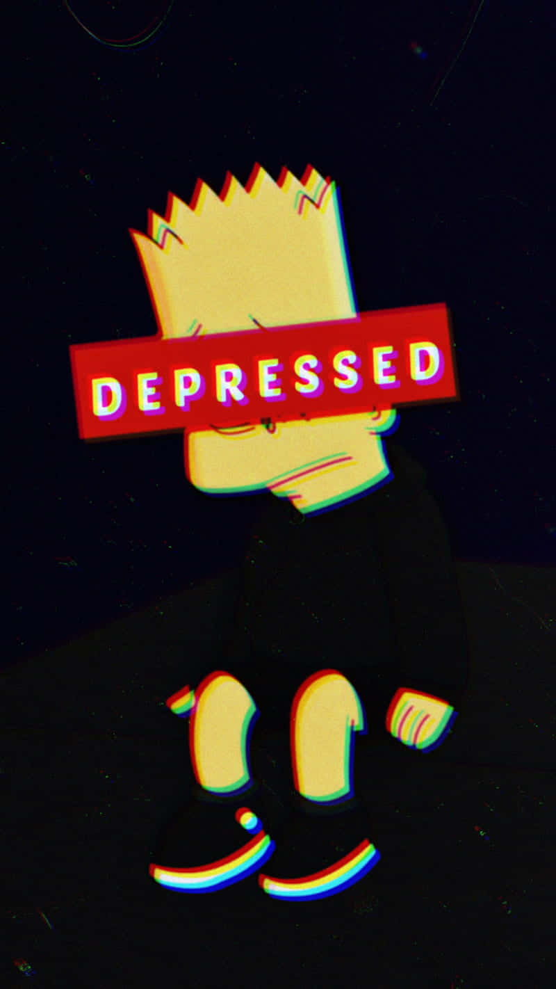 巴特·辛普森在黑暗的故障場景中，臉上蓋著「DEPRESSED」標誌。