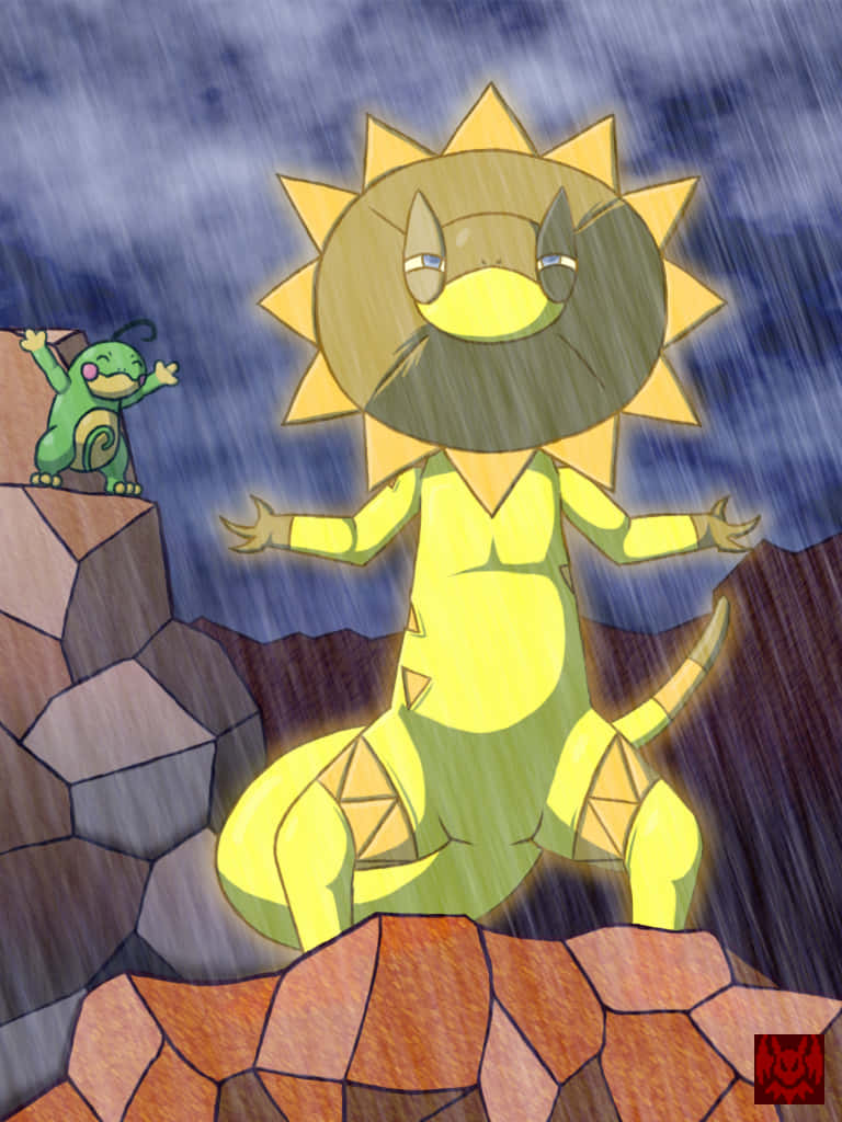 雨中 Heliolisk 壁紙 — 一隻黃色太陽般嘅小精靈喺落雨嘅岩石地形上靜靜冥想，而一隻細小綠色小精靈喺上面嘅懸崖為佢打氣。