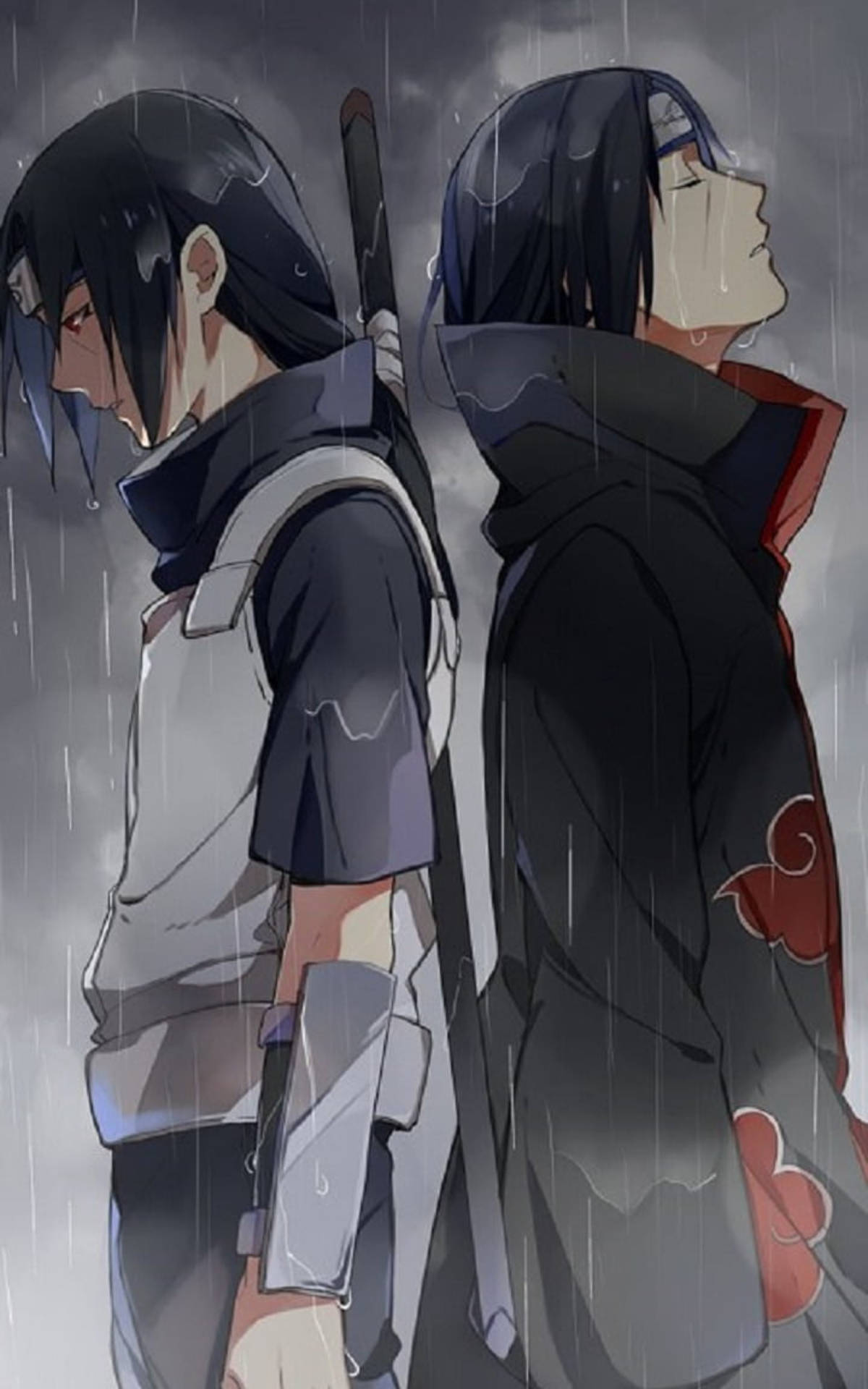 兩個動漫角色在暴風雨天空下的大雨中背對背站立。