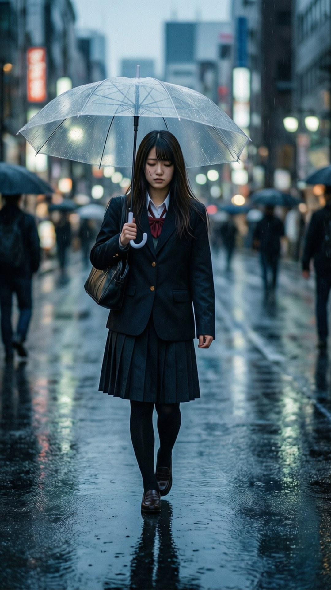 一名日本女學生在夜間獨自撐著雨傘走在城市街道的雨中。