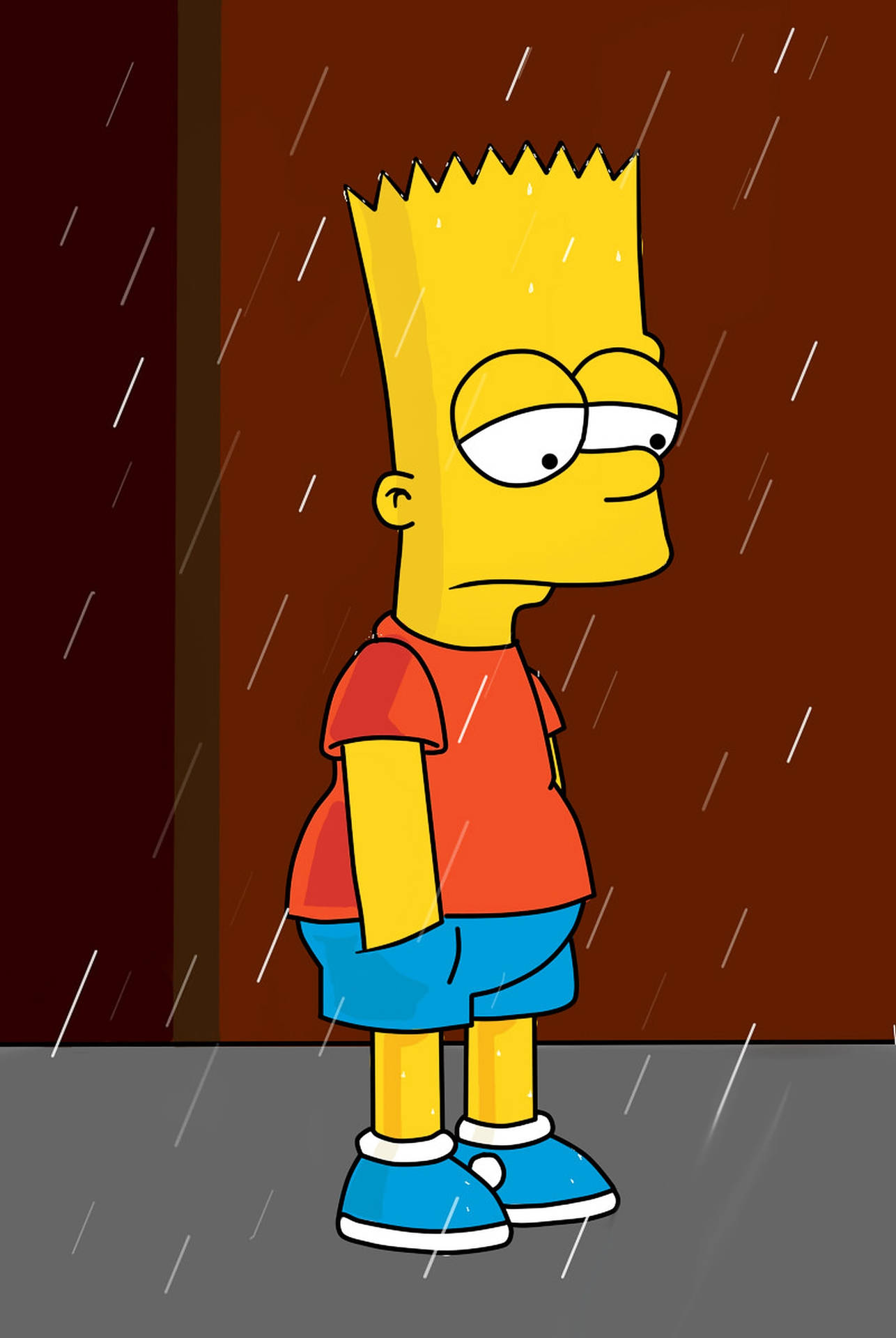 巴特·辛普森站在雨中顯得無聊的室內場景