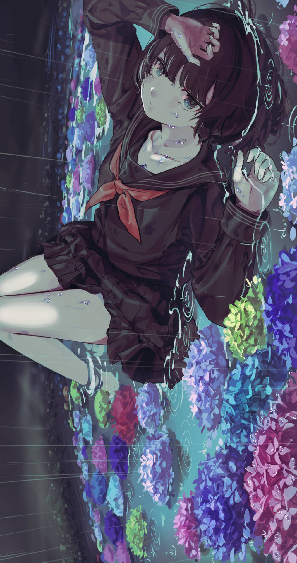 穿著水手服的動漫女孩在雨中漂浮在五顏六色的繡球花之間。