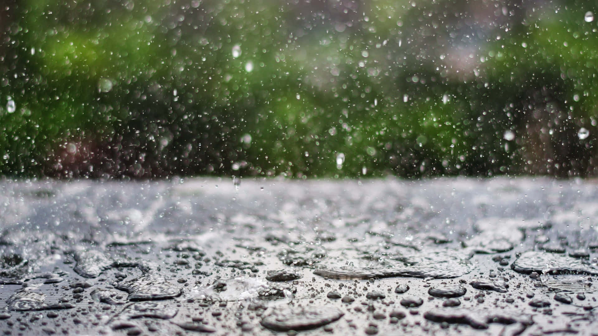 雨滴落在潮濕的表面上，背景是模糊的綠色。