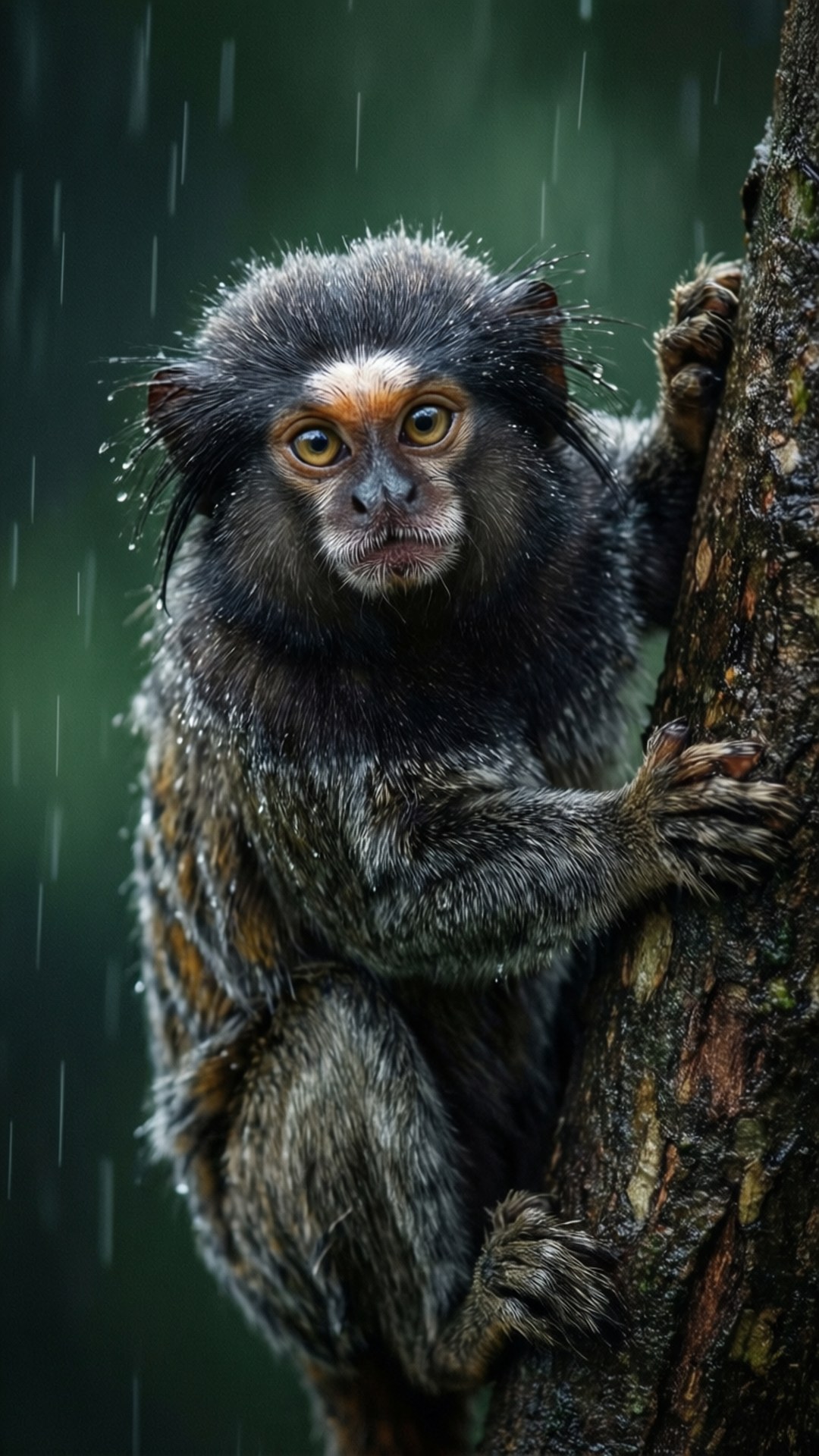 一隻小猴子在雨中緊抓著樹木。