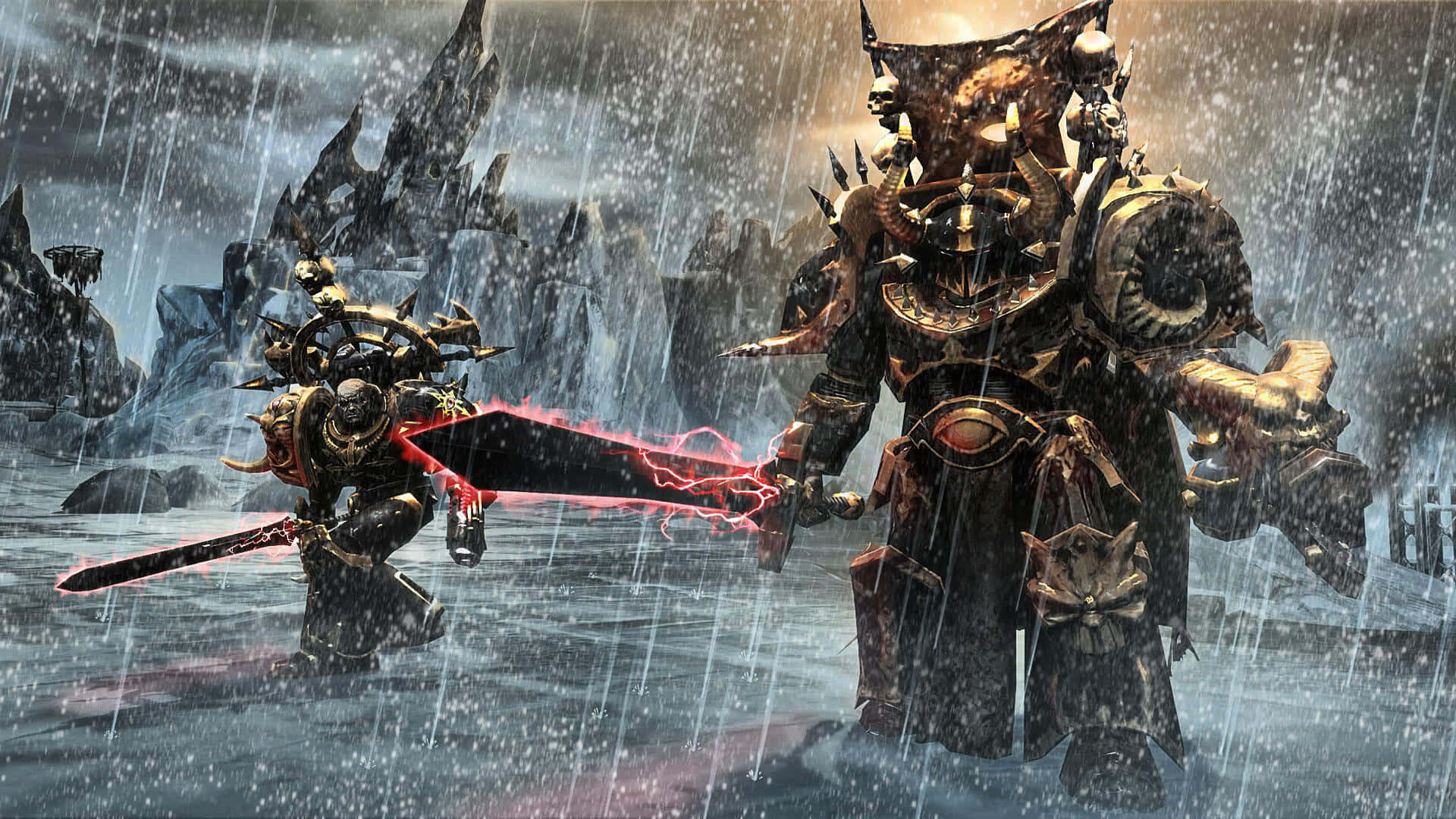 雨中劍影 —《戰錘40K：戰鎚3》高清背景 壁紙 — 兩名裝甲戰士在風暴肆虐的冰雪荒原中交鋒，周圍是鋸齒狀的山脈和發光的紅色能量劍。