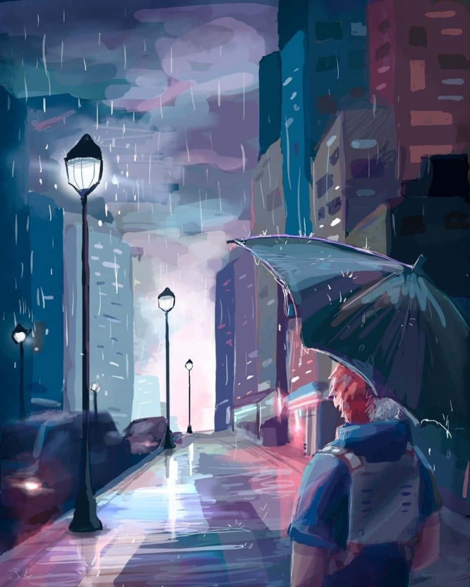 紅髮的人在夜晚雨中街燈下撐傘行走。