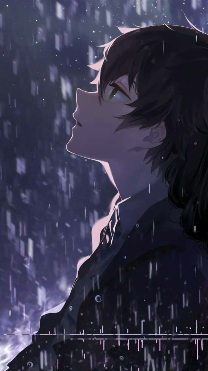 夜晚雨中發光眼睛和數位效果的動漫男孩