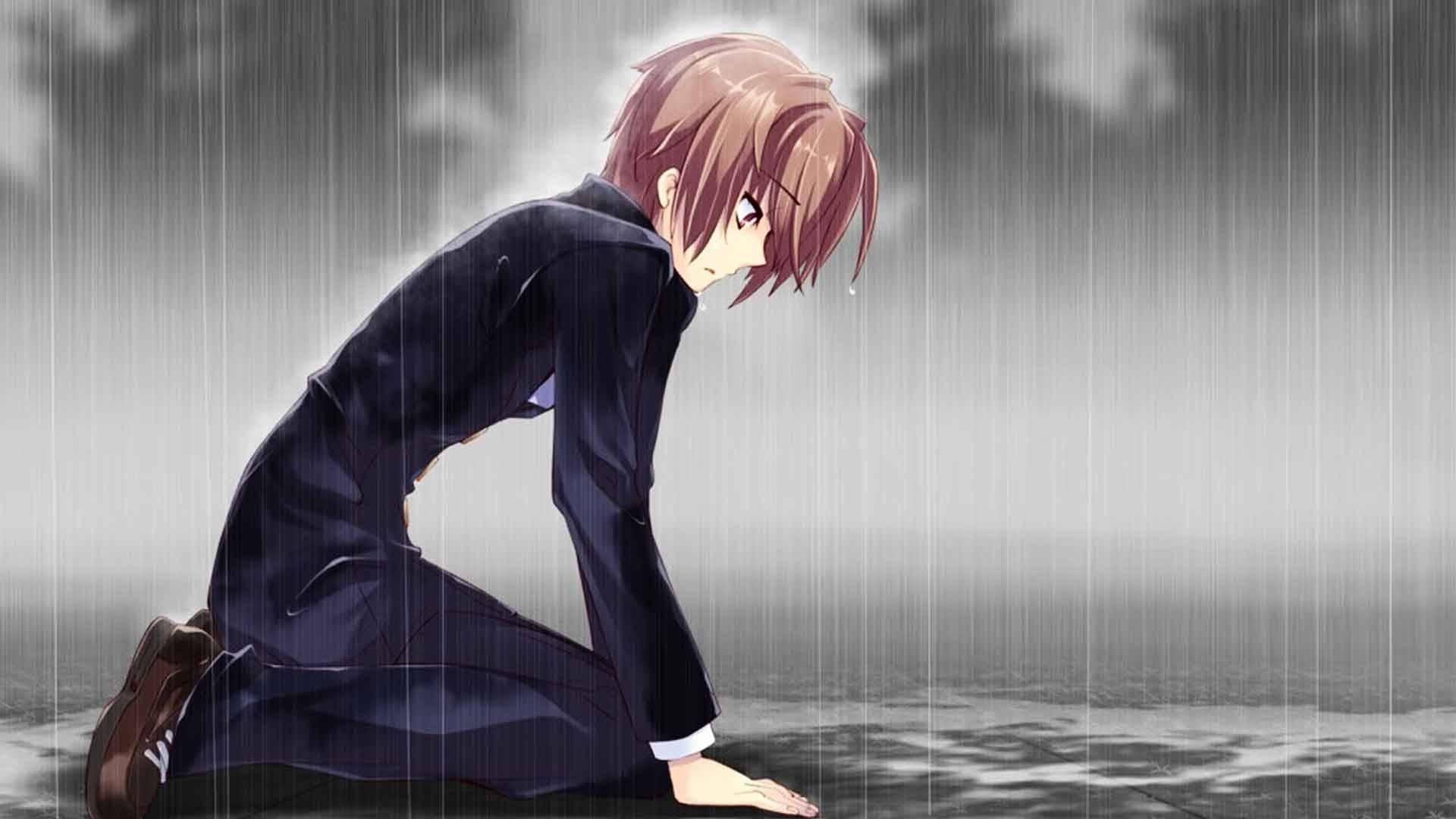 雨中哀傷動漫男孩 壁紙 — 一個憂鬱的動畫男孩跪在雨中，低著頭，水滴落在灰色迷濛的背景上。