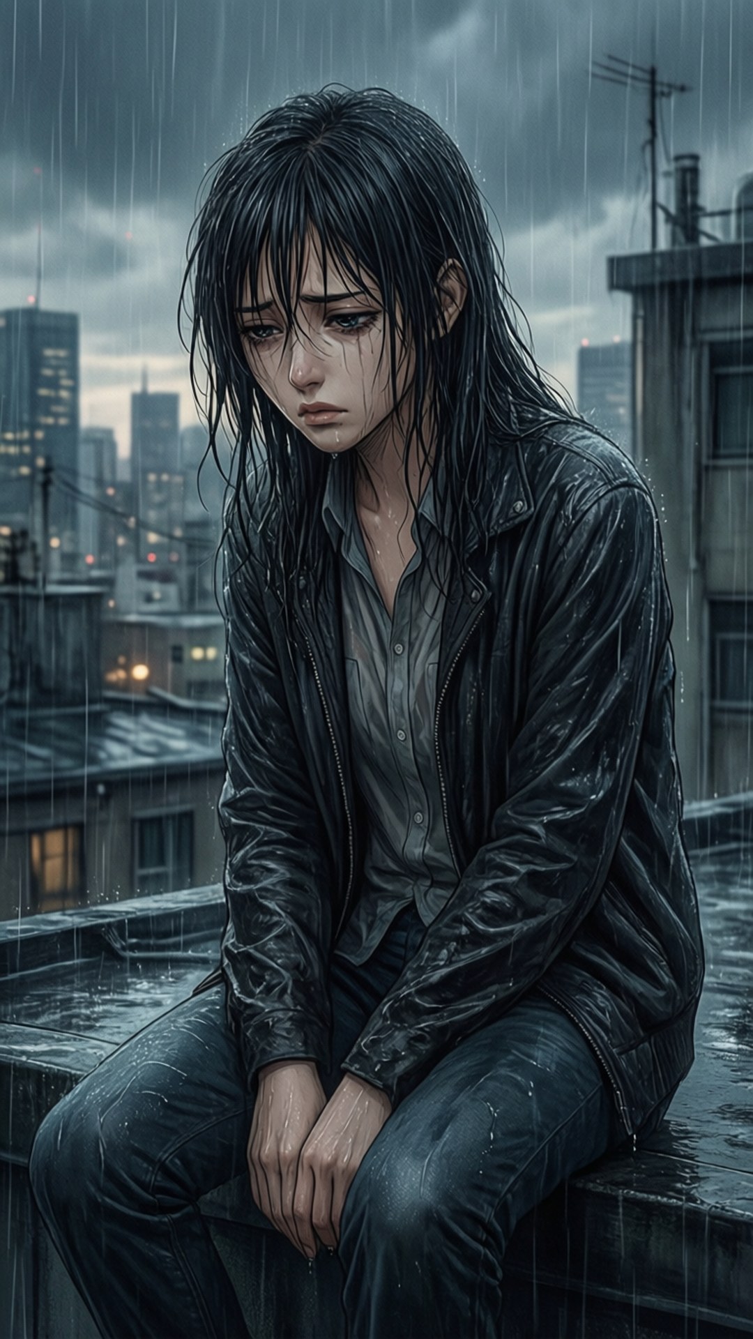 一位穿著皮夾克的悲傷女子坐在雨中的屋頂上，身後是城市天際線。