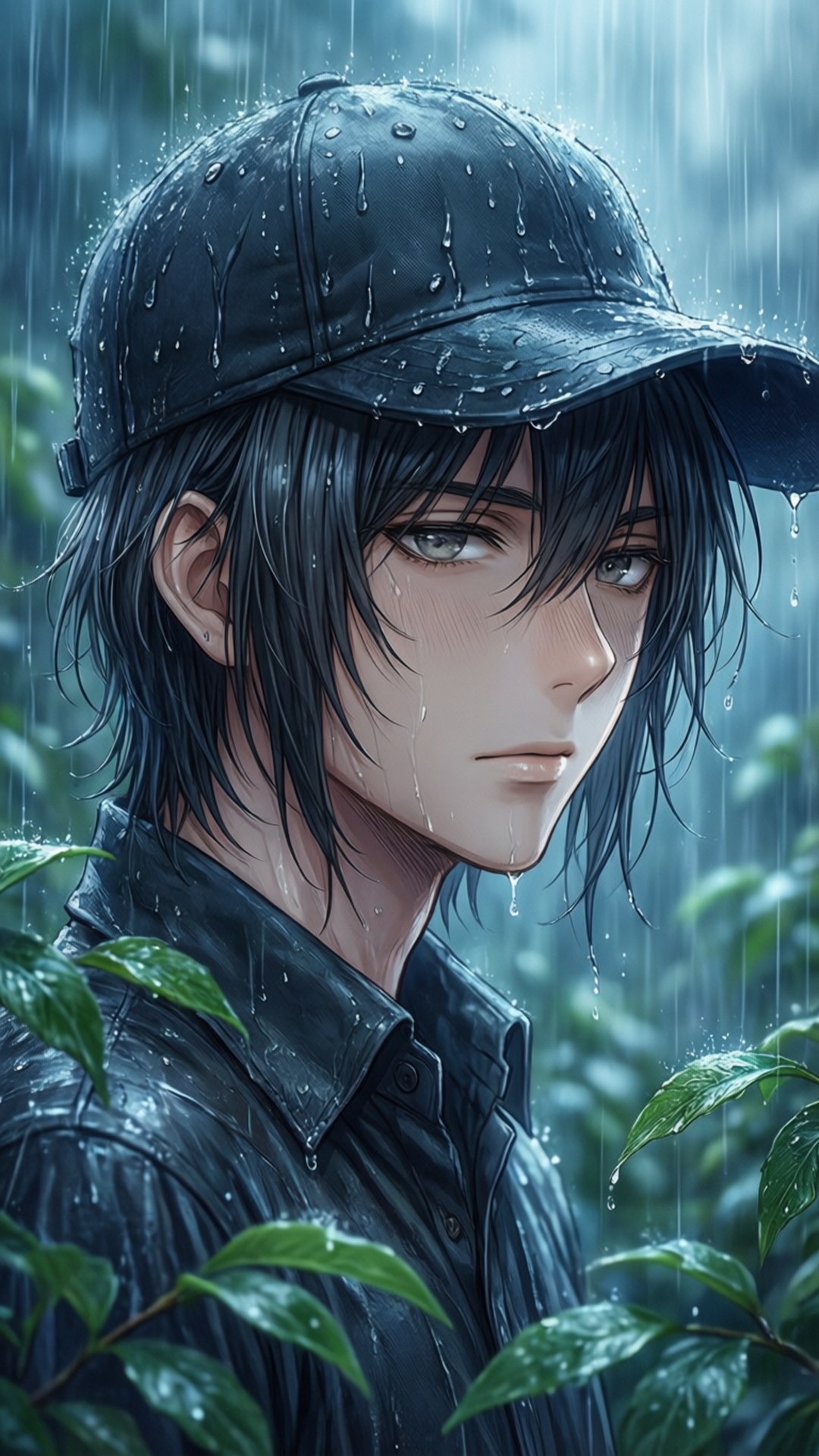 年輕動漫男孩在雨中戴帽穿外套，被綠葉環繞