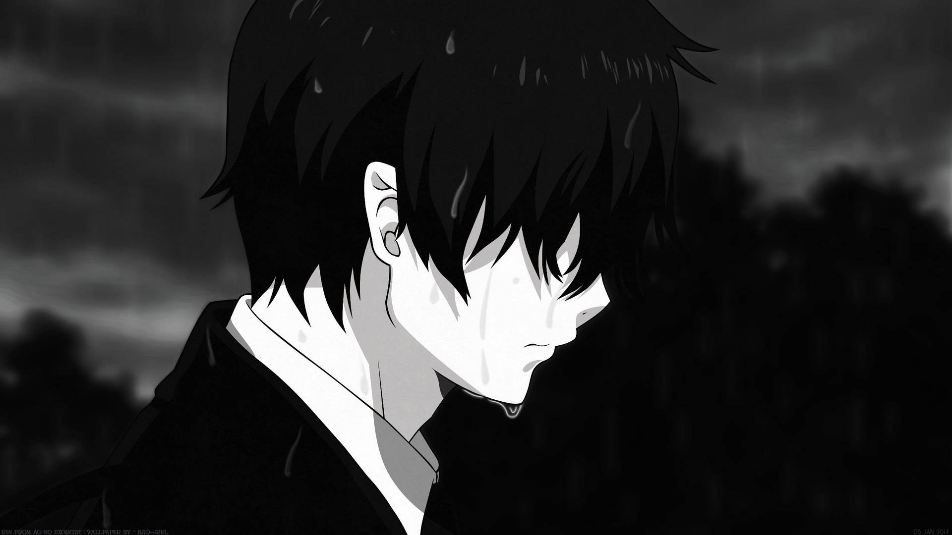 一個悲傷的動漫男孩，流淚濕髮，在灰階雨中。 — 動漫男孩 壁紙