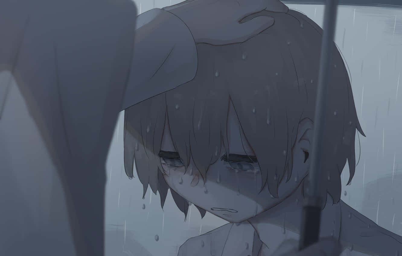 悲傷的動漫男孩在雨中撐傘哭泣