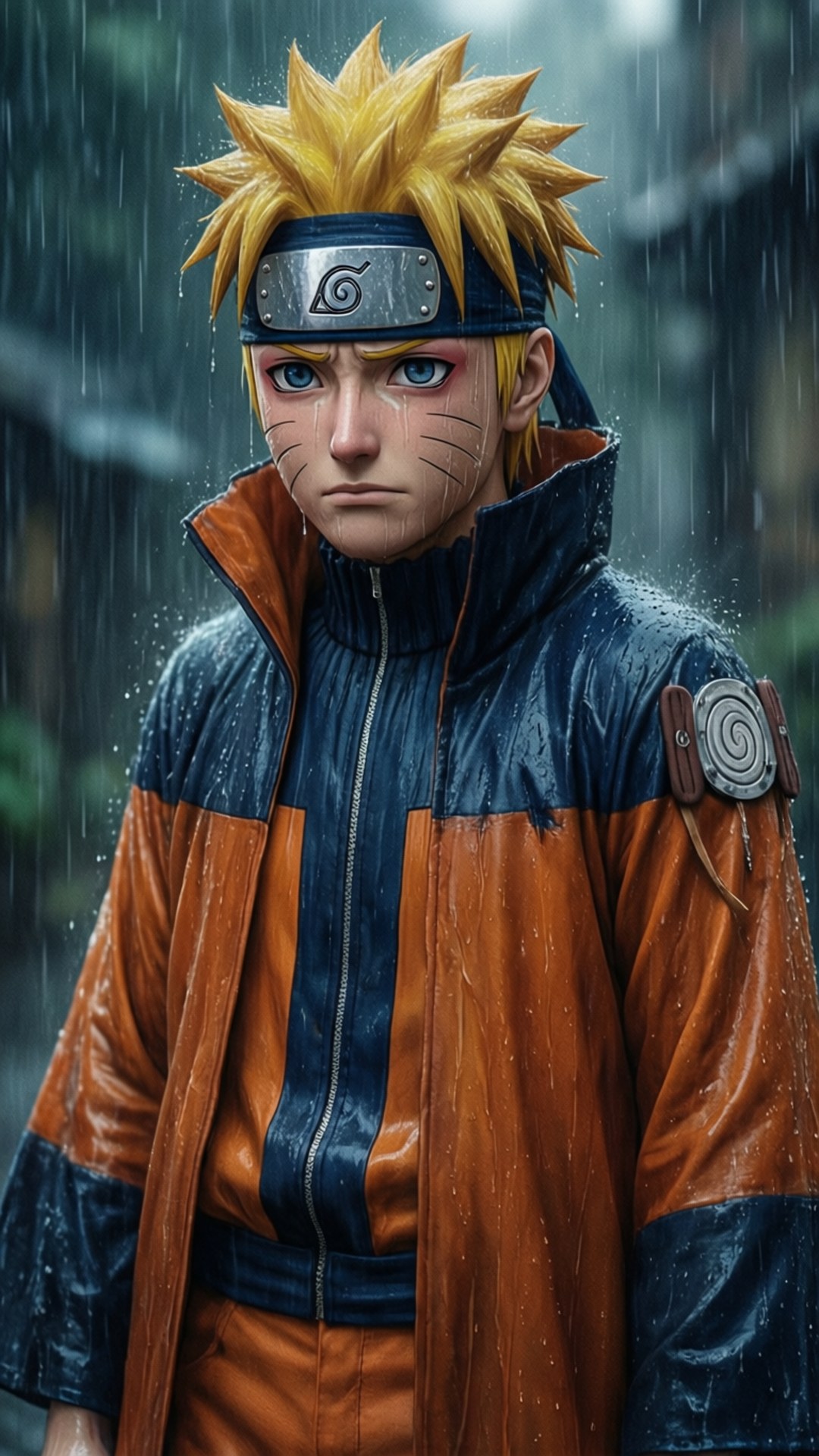 鳴人企喺雨中，表情平靜。