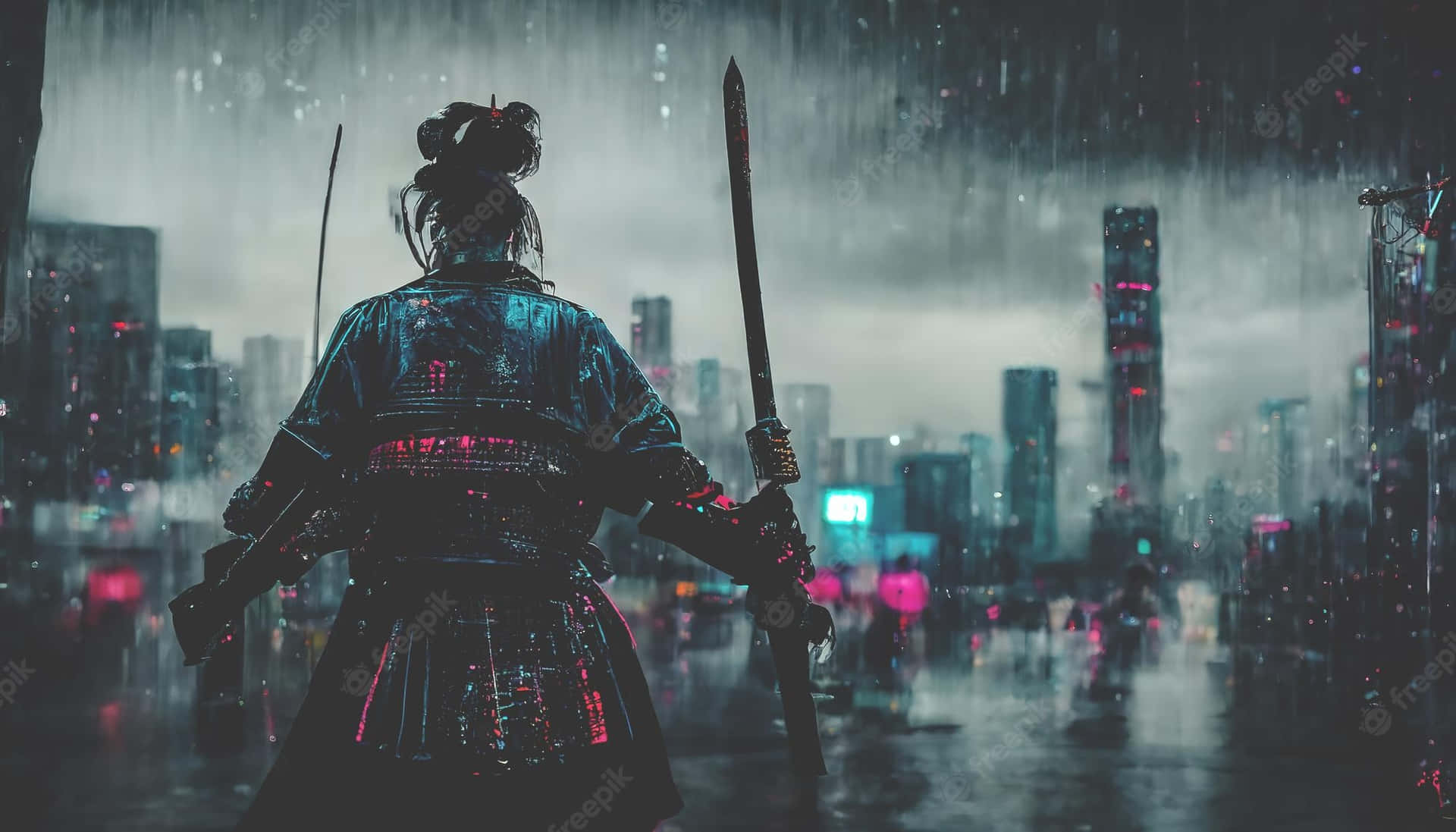 武士戰士在雨夜霓虹城市中持刀