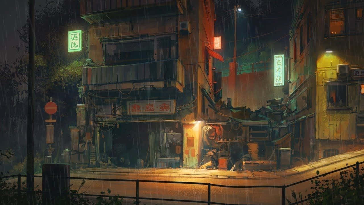 雨夜街道，發光的霓虹招牌和潮濕的路面反射著溫暖的光線。