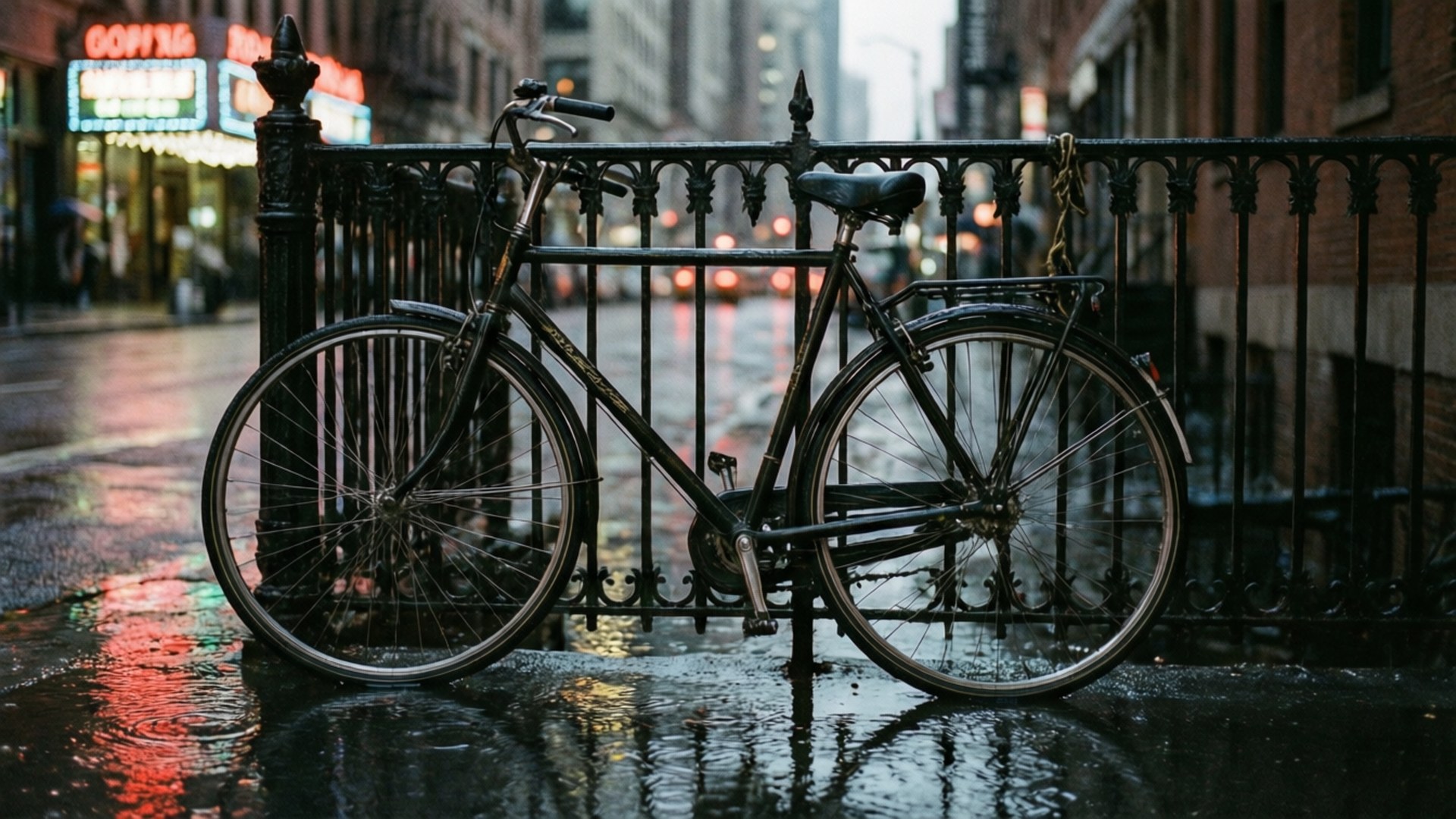 雨中城市鎖車 壁紙 — 一輛復古單車靠喺濕咗嘅鐵欄杆上，喺一條反映霓虹燈牌嘅落雨城市街道。