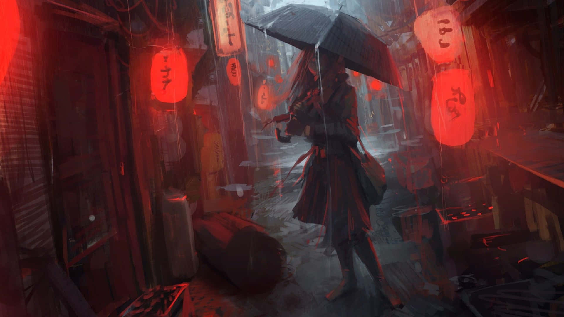 一個人在被紅色燈籠照亮的雨中小巷中行走。