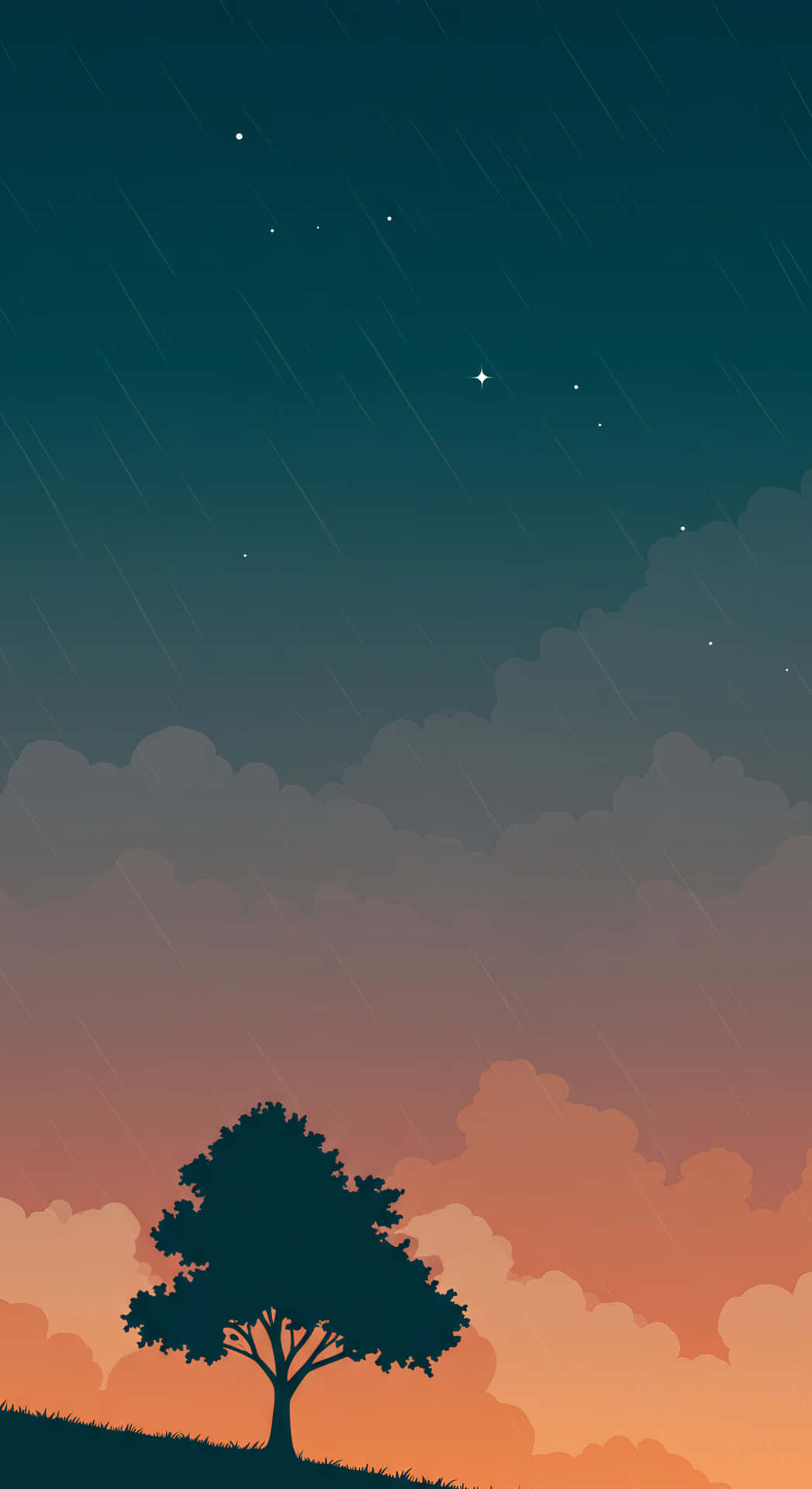 一棵孤樹的剪影在山丘上，背景是星空夜空，帶有雨和雲層。