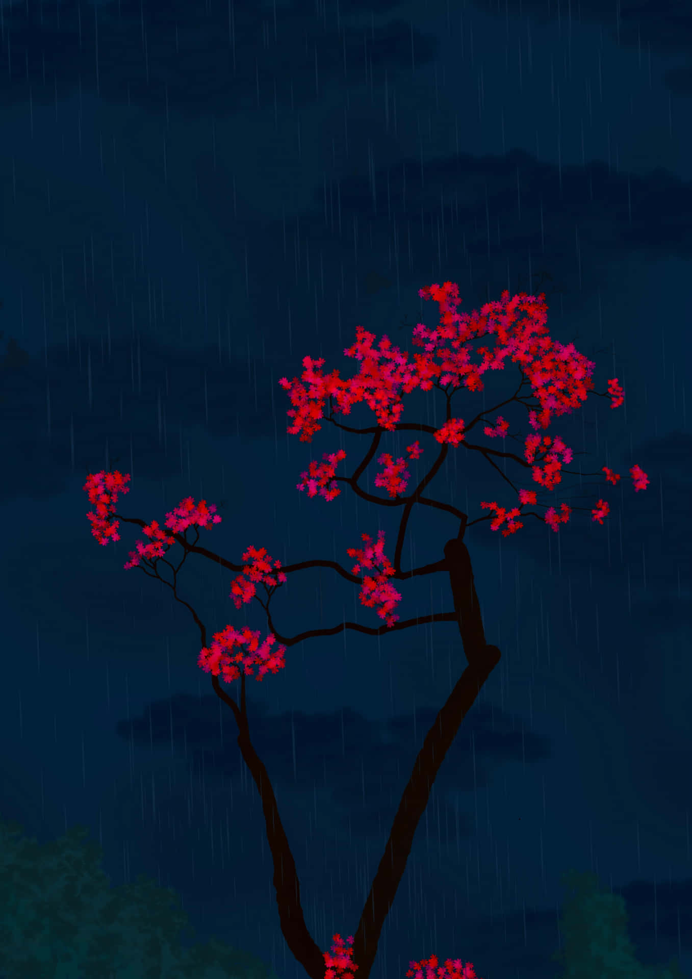 一棵櫻花樹，在夜雨中開著粉紅色的花朵