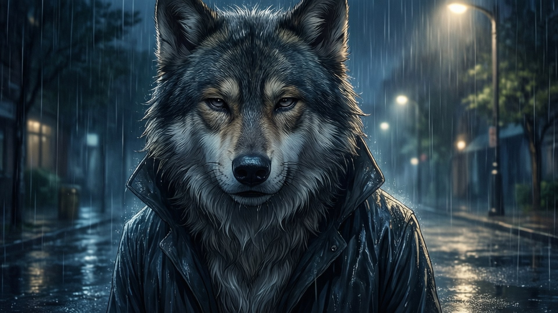 雨中孤狼 壁紙 — 一隻穿著被雨水浸透的皮褸的狼，在夜晚濕漉漉的城市街道上，莊嚴地站在街燈下。