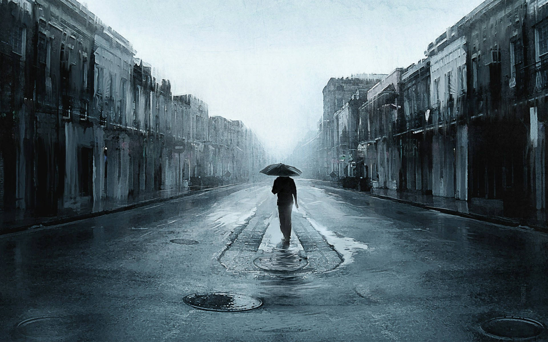 雨中孤獨男子 壁紙 — 一個孤獨的身影撐著傘，走在濕漉漉、空無一人的城市街道上，兩旁是高樓大廈，天空灰濛濛。