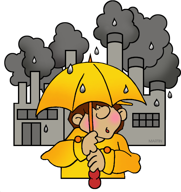 雨中孩童與工業背景 壁紙 — 一個穿著黃色雨衣的卡通小孩拿著一把黃色雨傘，背後工廠煙囪冒出灰色濃煙。