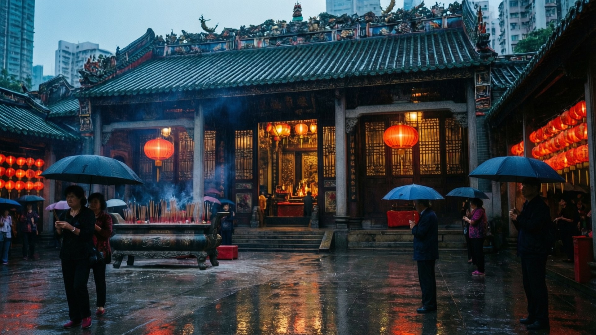 人們撐著傘在雨中於紅燈籠照亮的寺廟祈禱。