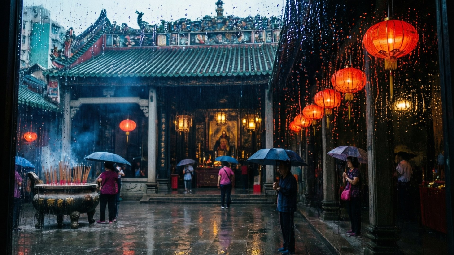 雨中寺廟祭典 壁紙