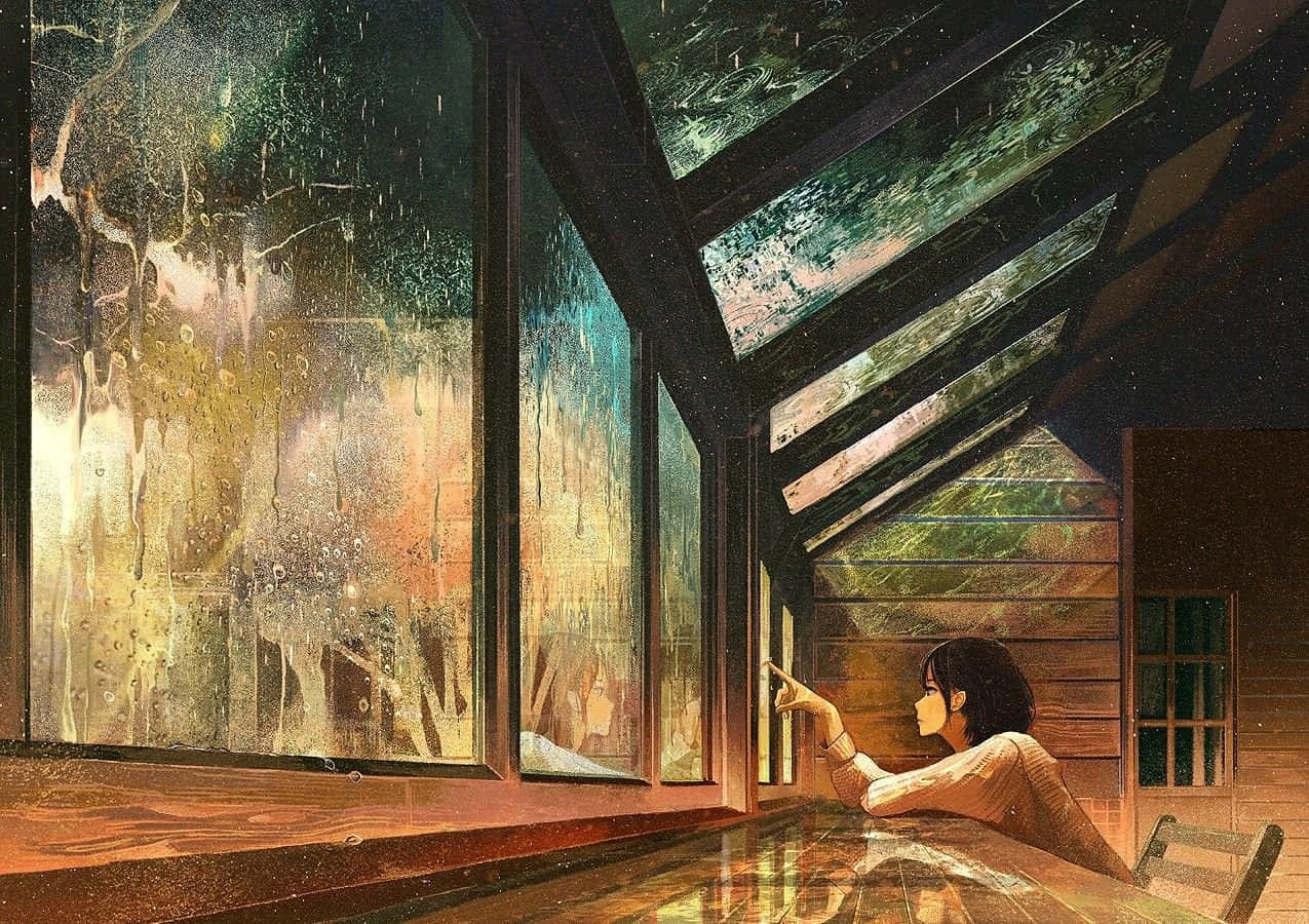 舒適木屋中的女性，透過雨水濕潤的窗戶凝視星空。