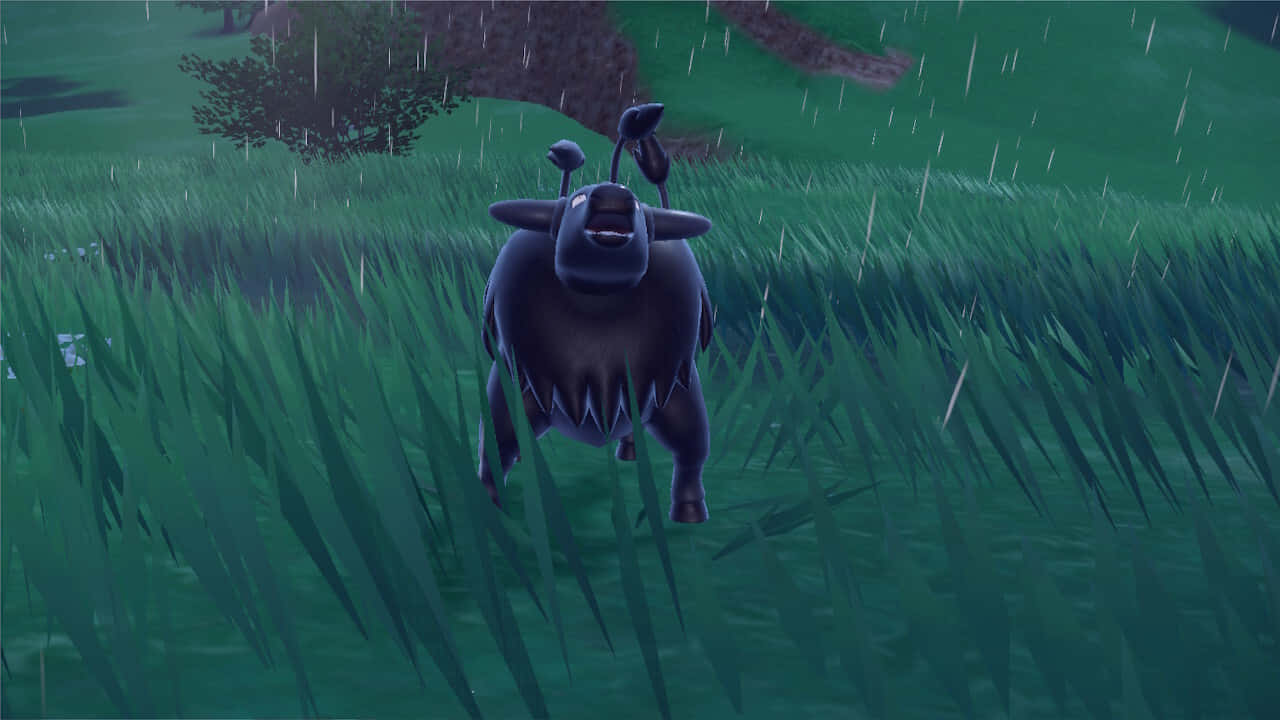 雨中帕底亞 Tauros 壁紙 — 一隻深紫色有角的卡通公牛在雨夜中快樂地穿過高高的綠草奔跑。