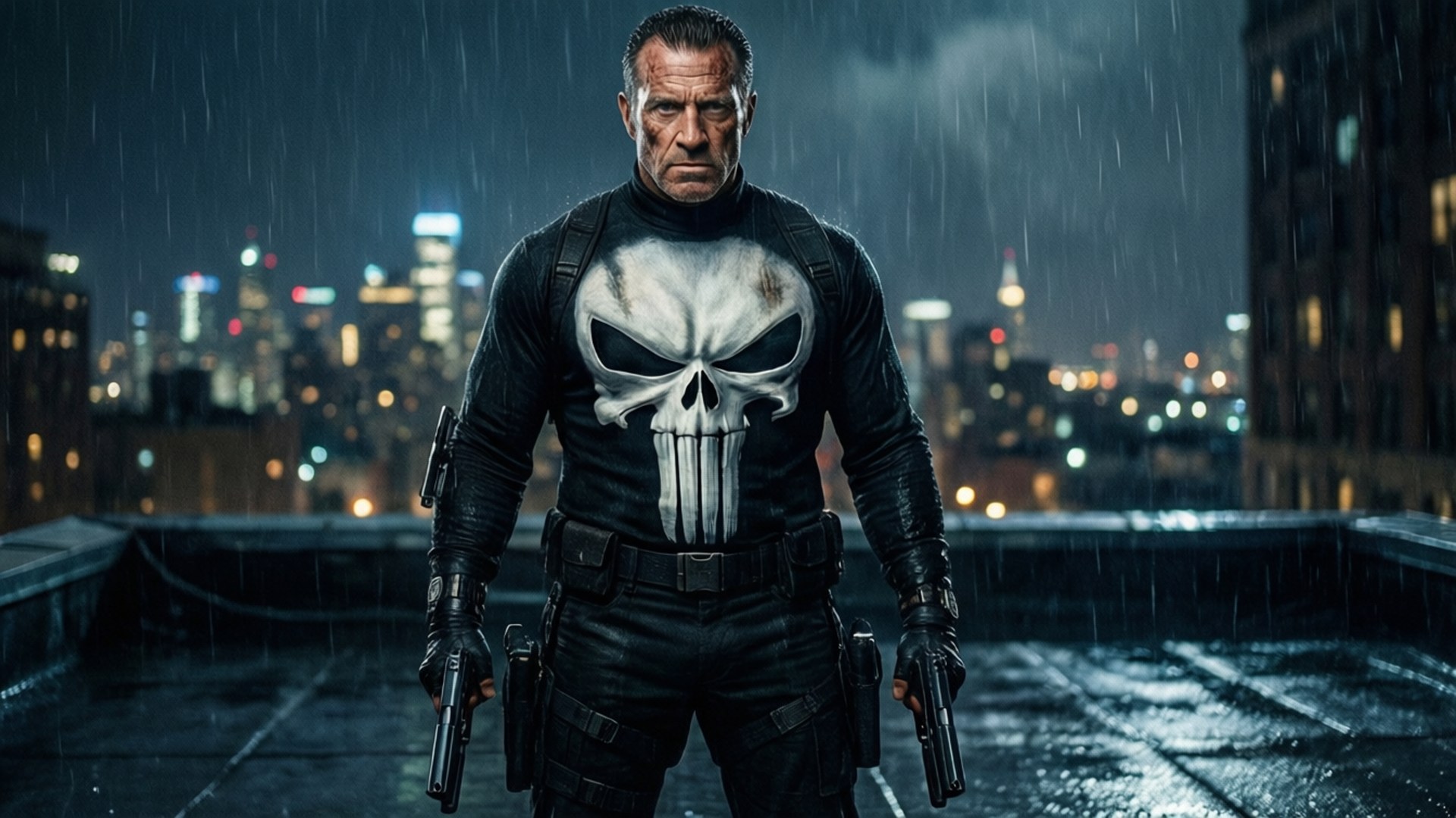 The Punisher 在雨中的屋頂上手持兩把手槍，背後是城市天際線。