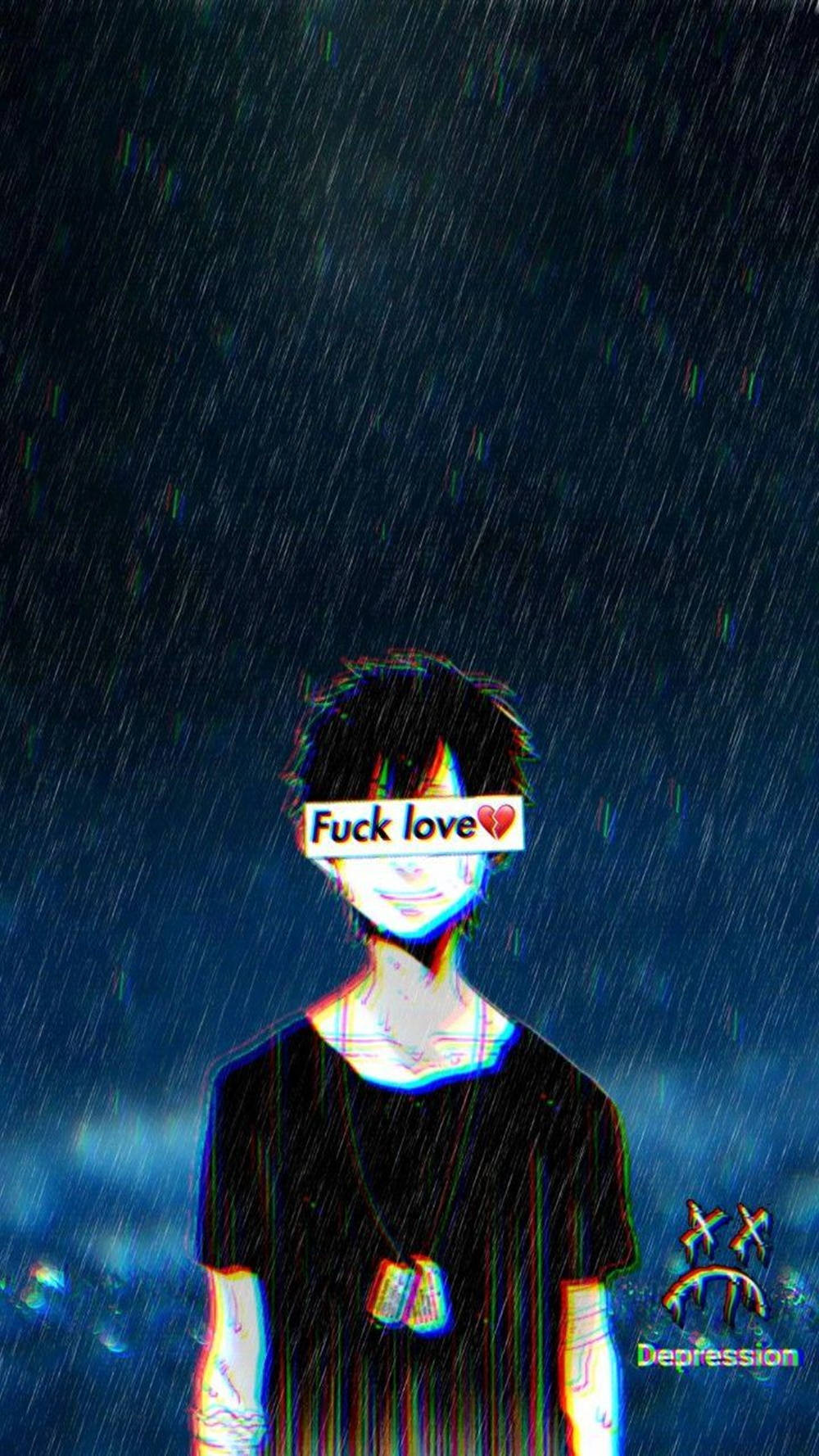 雨中怒斥愛情的動漫男孩 壁紙 — 一個帶有文字疊加的動漫男孩站在大雨中，天空陰暗，帶有故障效果和憂鬱浮水印。