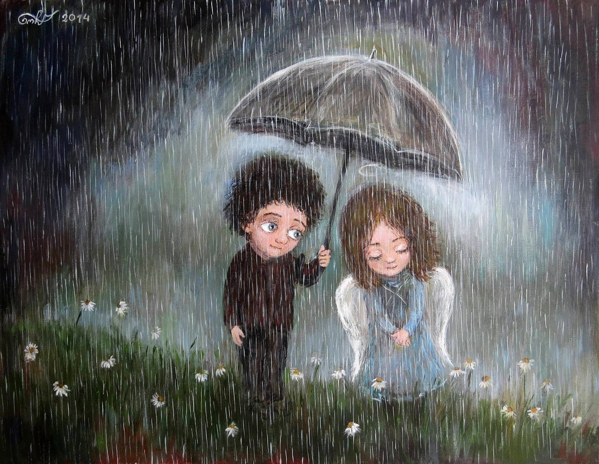 男孩在雛菊雨田中為天使撐傘