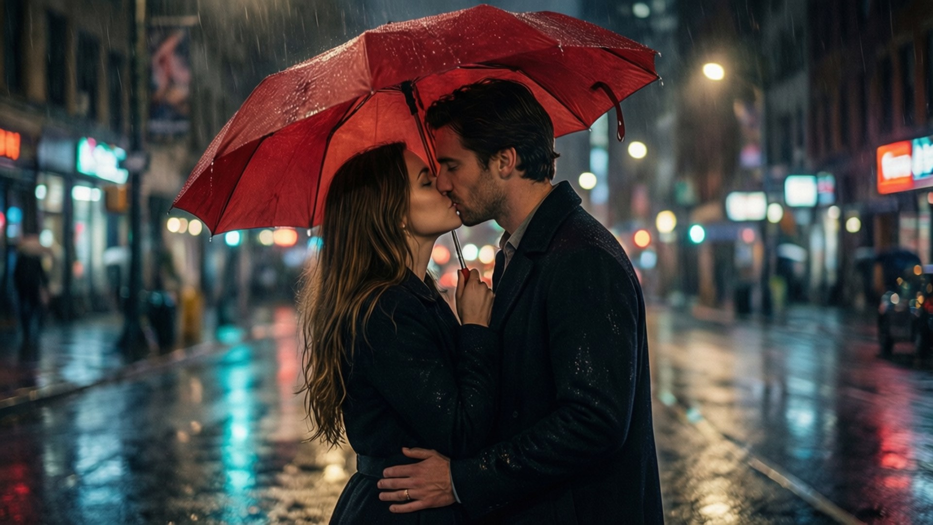 情侶在雨夜城市中於紅色雨傘下接吻，霓虹燈光。