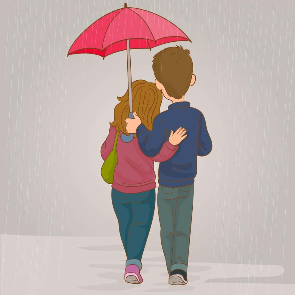 雨中愛永不熄滅 壁紙 — 一對情侶在明亮的粉紅色雨傘下一起行走，雨水從他們身後落下。